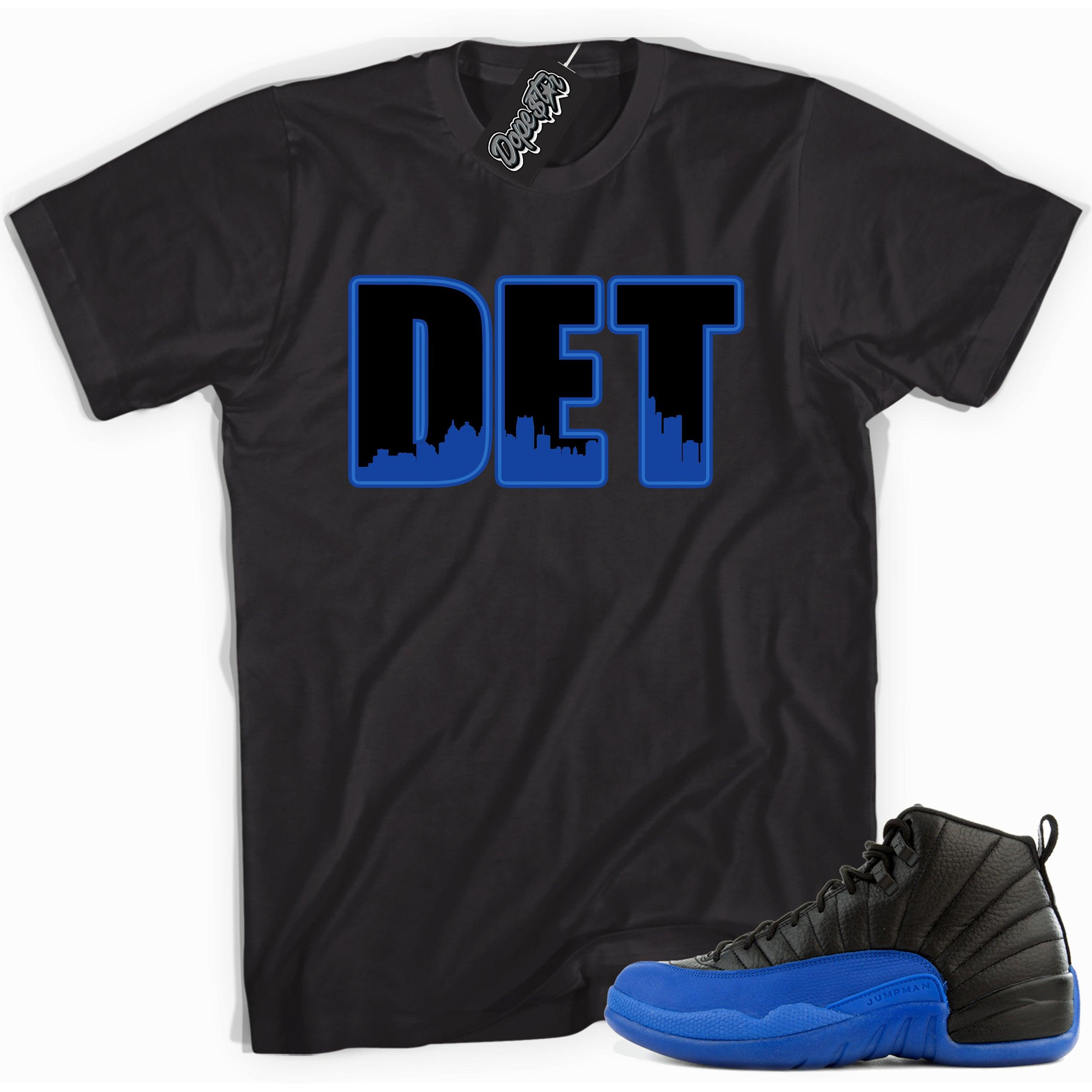 Cool black graphic tee with 'det' print, that perfectly matches  Air Jordan 12 Retro Black Game Royal sneakers.