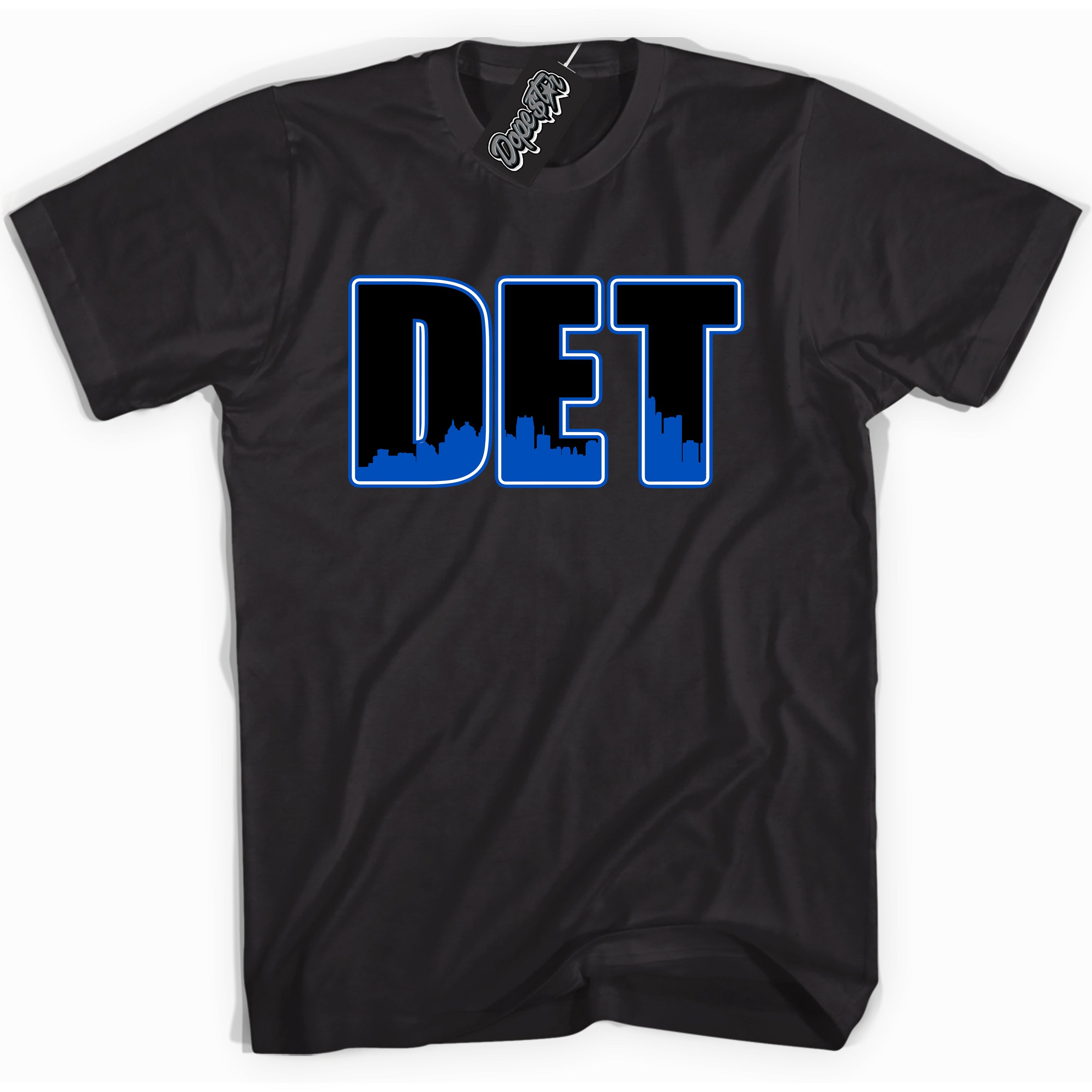 Cool Black graphic tee with "Detroit" design, that perfectly matches Royal Reimagined 1s sneakers 