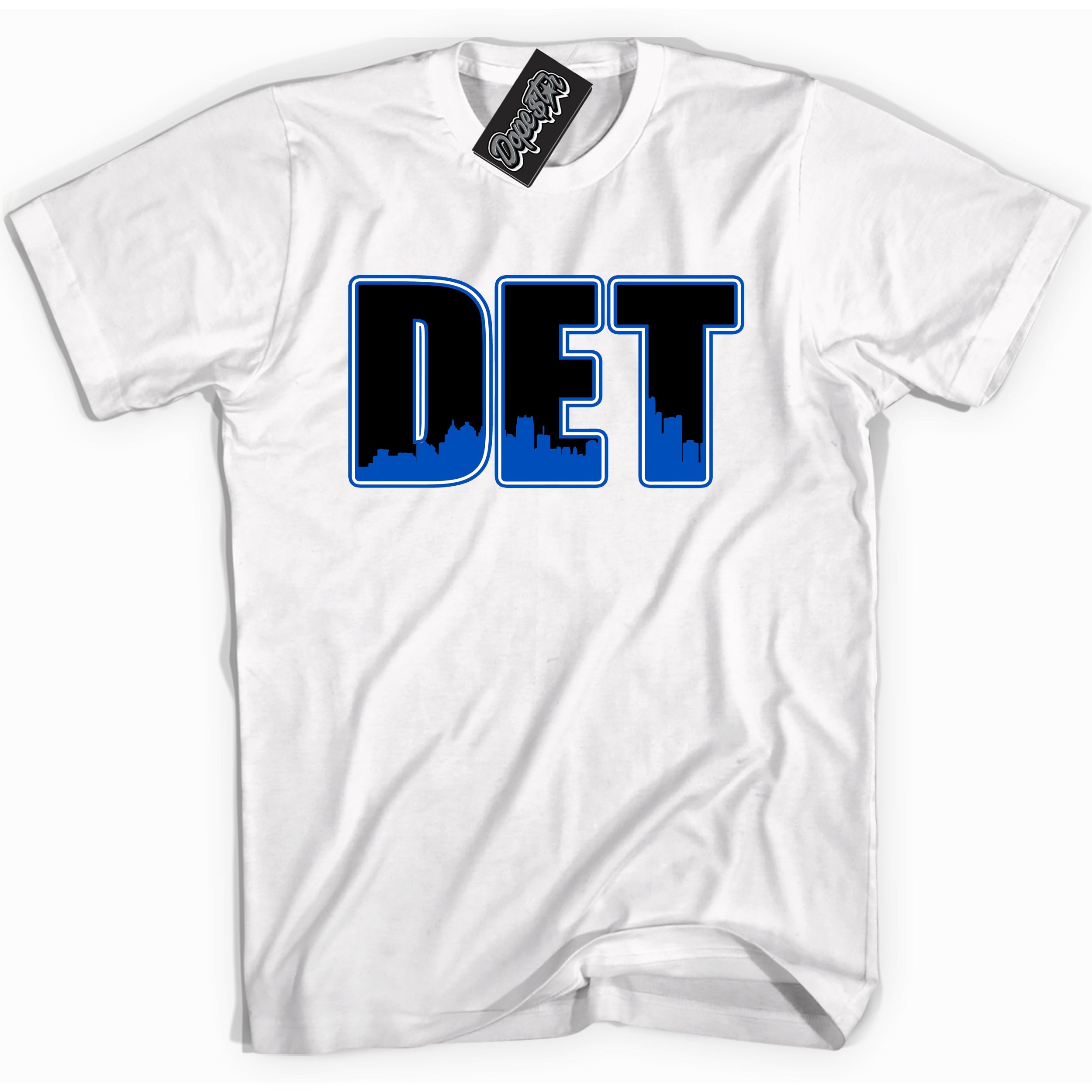 Cool White graphic tee with "Detroit" design, that perfectly matches Royal Reimagined 1s sneakers 