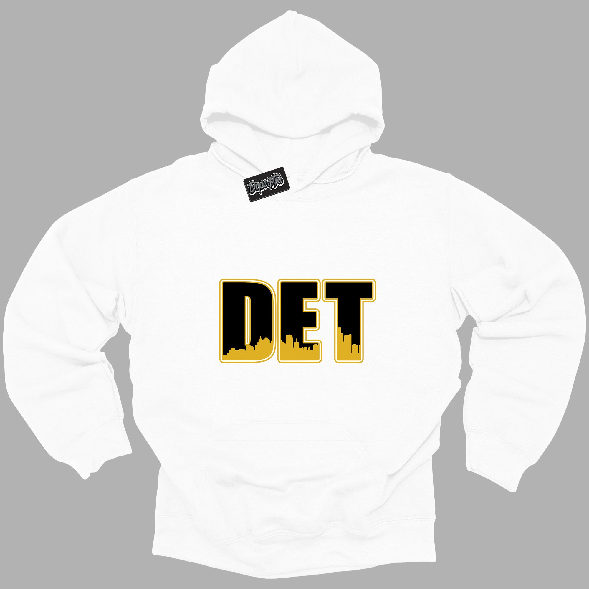 Cool White Hoodie with “ Detroit ”  design that Perfectly Matches Yellow Ochre 6s Sneakers.