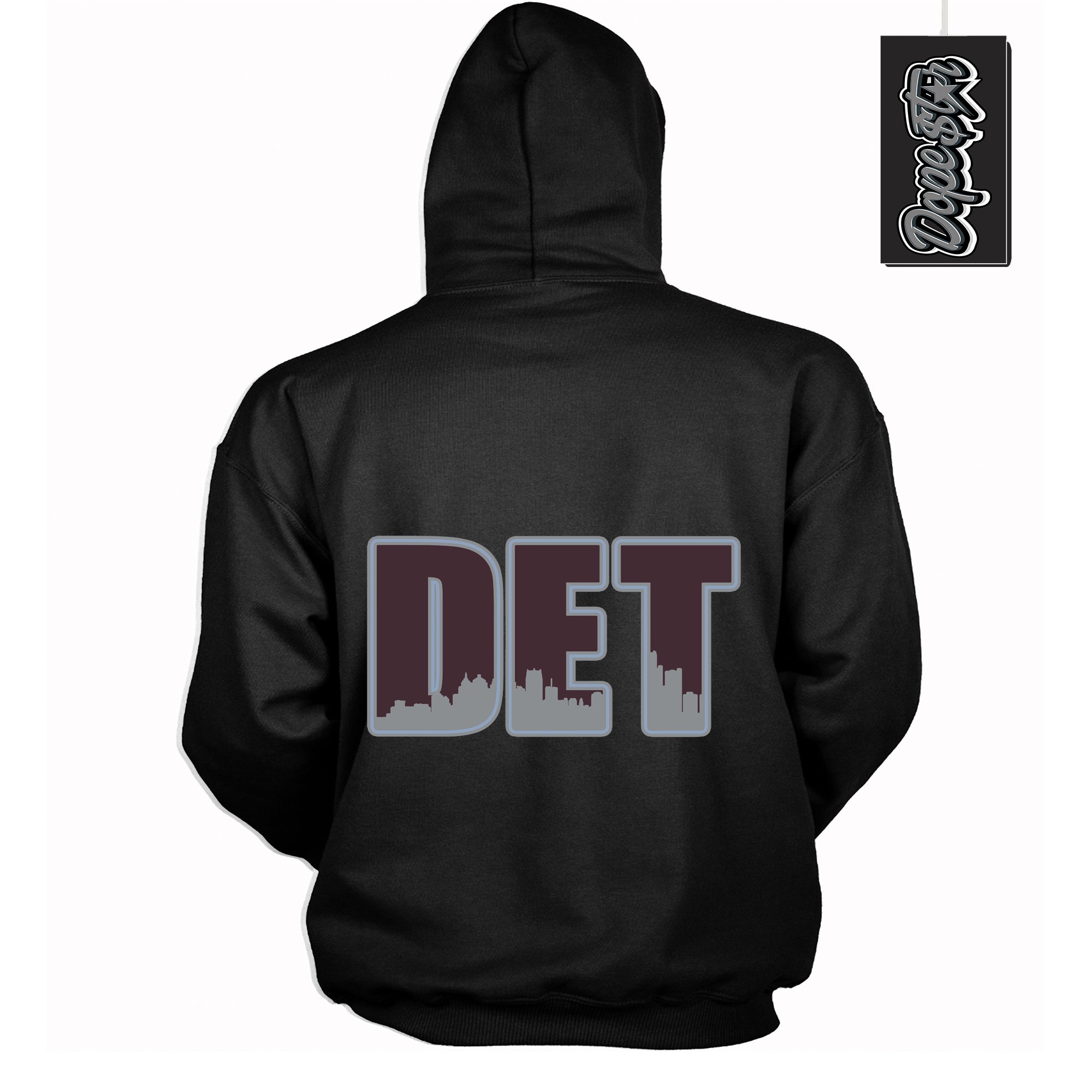 Cool Black Hoodie with “ Detroit ”  design that Perfectly Matches Burgundy 5s Sneakers.