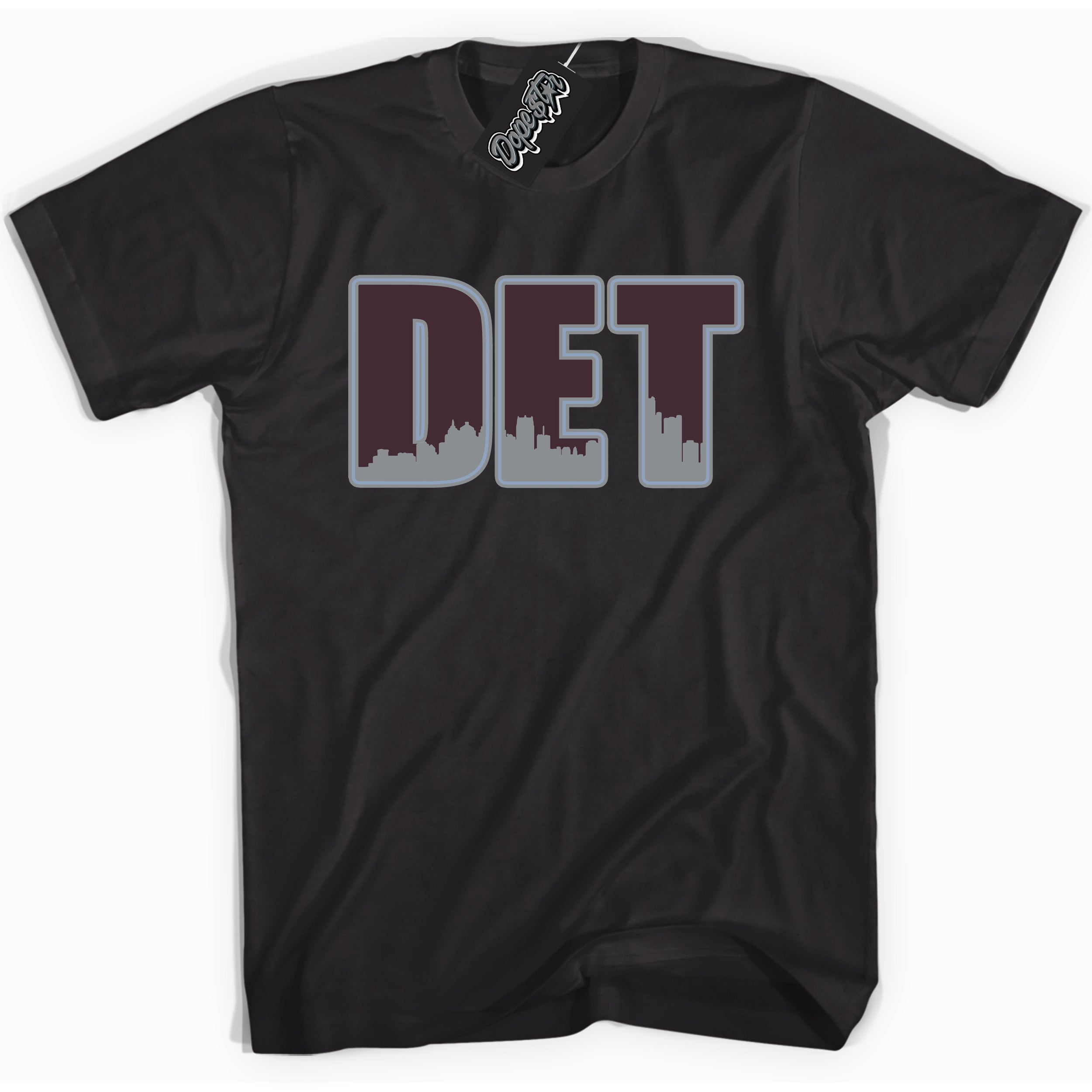 Cool Black Shirt with “ Detroit” design that perfectly matches Burgundy 5s Sneakers.