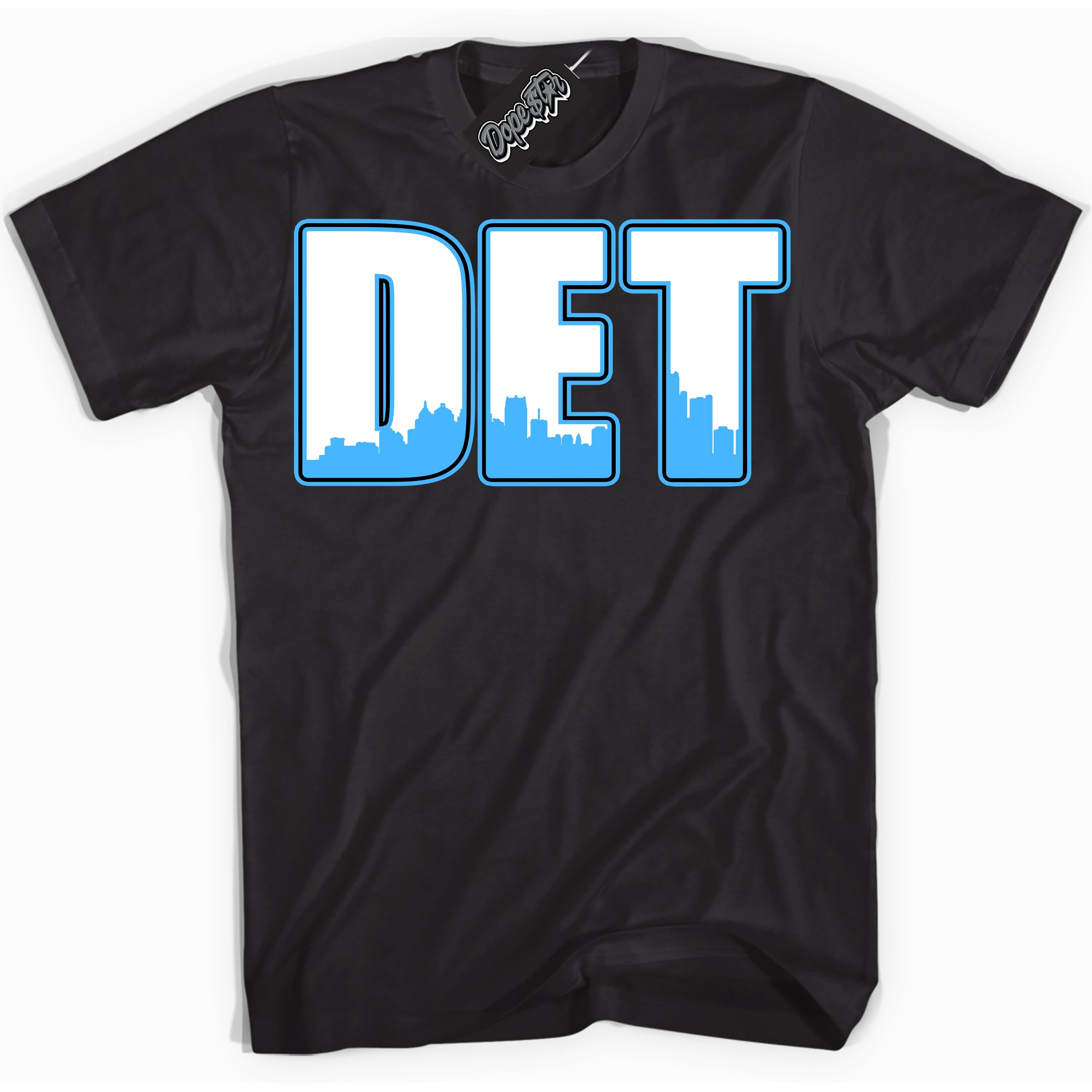 Cool Black graphic tee with “ Detroit ” design, that perfectly matches Powder Blue 9s sneakers 