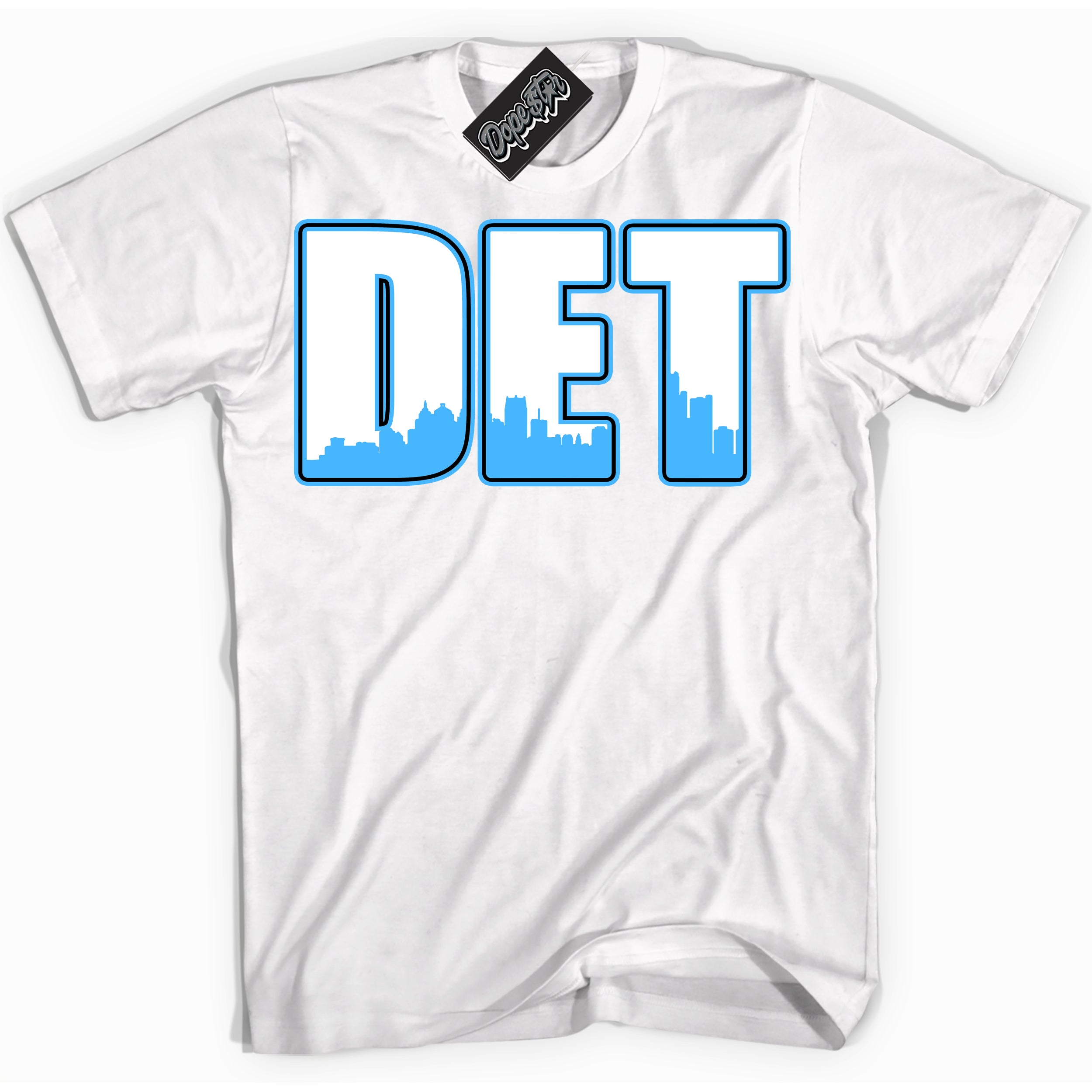 Cool White graphic tee with “ Detroit ” design, that perfectly matches Powder Blue 9s sneakers 