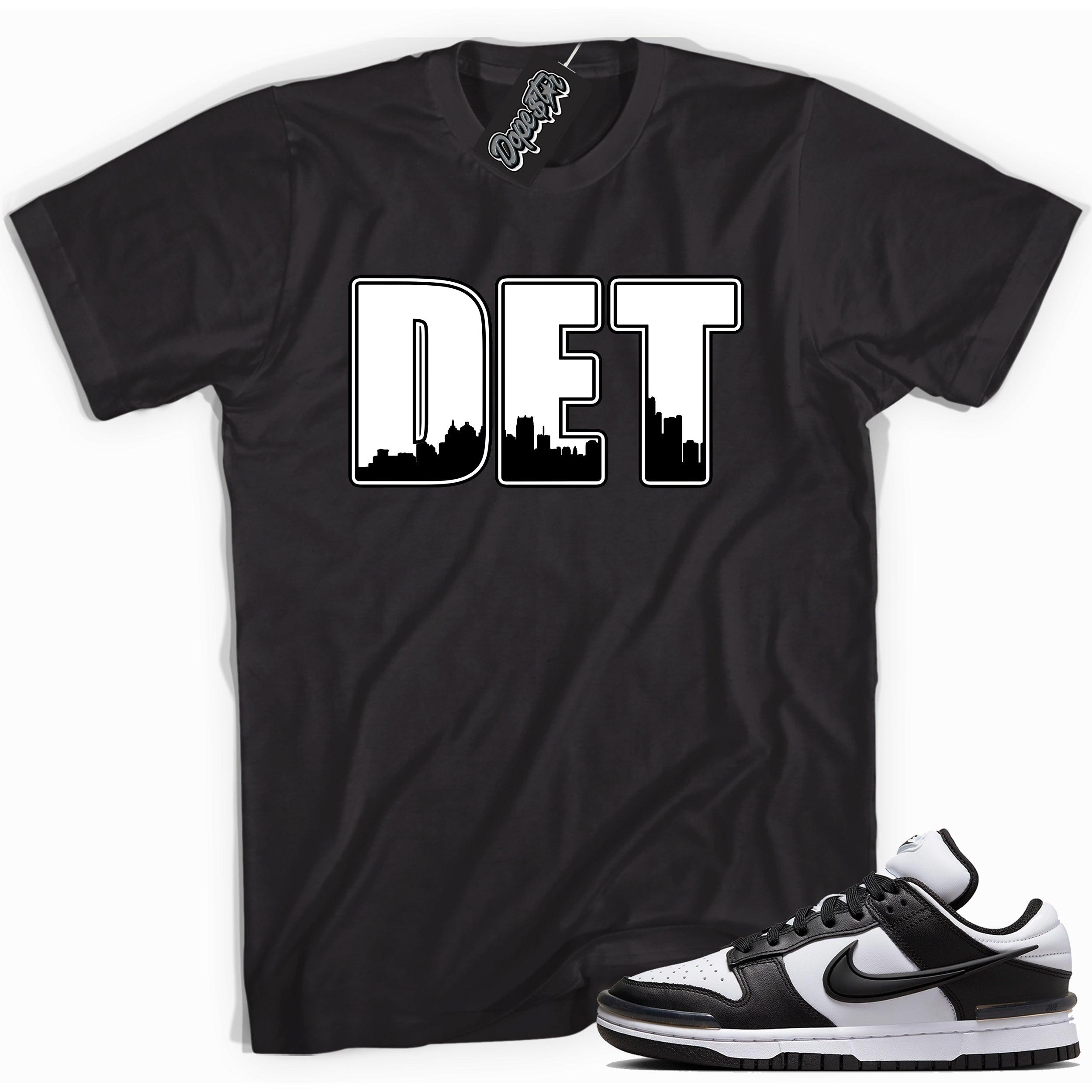 Cool black graphic tee with 'Detroit ' print, that perfectly matches Nike Dunk Low Twist Panda sneakers.