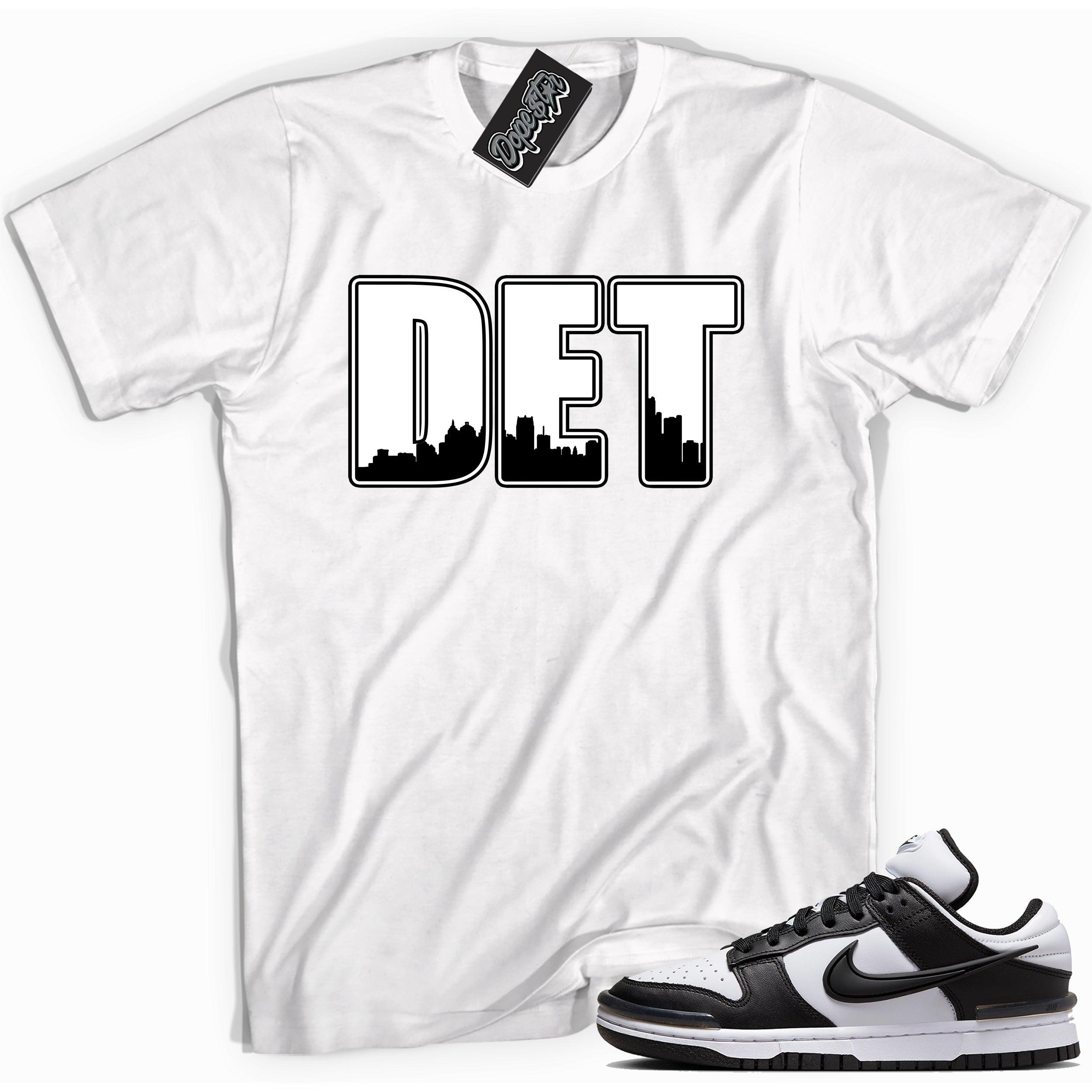 Cool white graphic tee with 'Detroit ' print, that perfectly matches Nike Dunk Low Twist Panda sneakers.