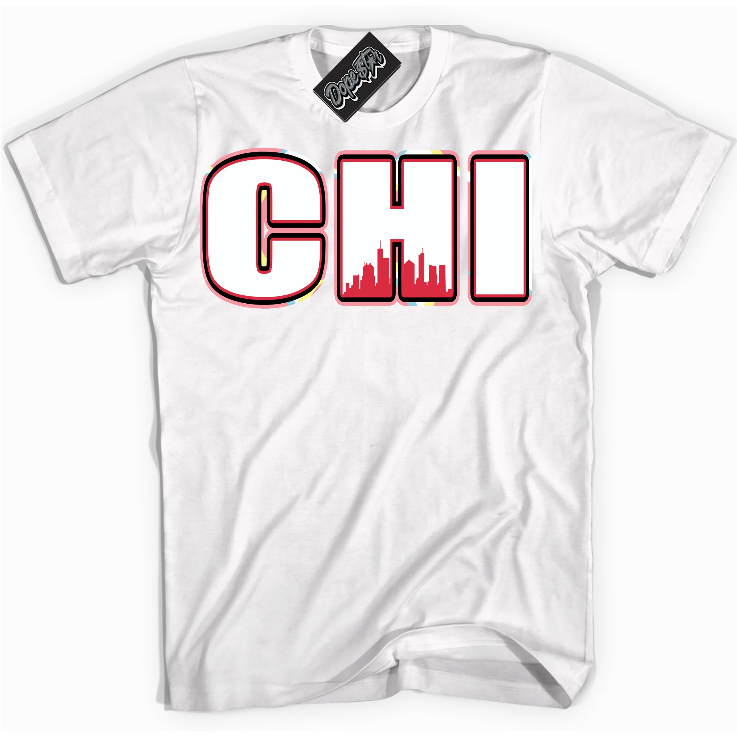 Cool White graphic tee with “ Chicago ” design, that perfectly matches Spider-Verse 1s sneakers 