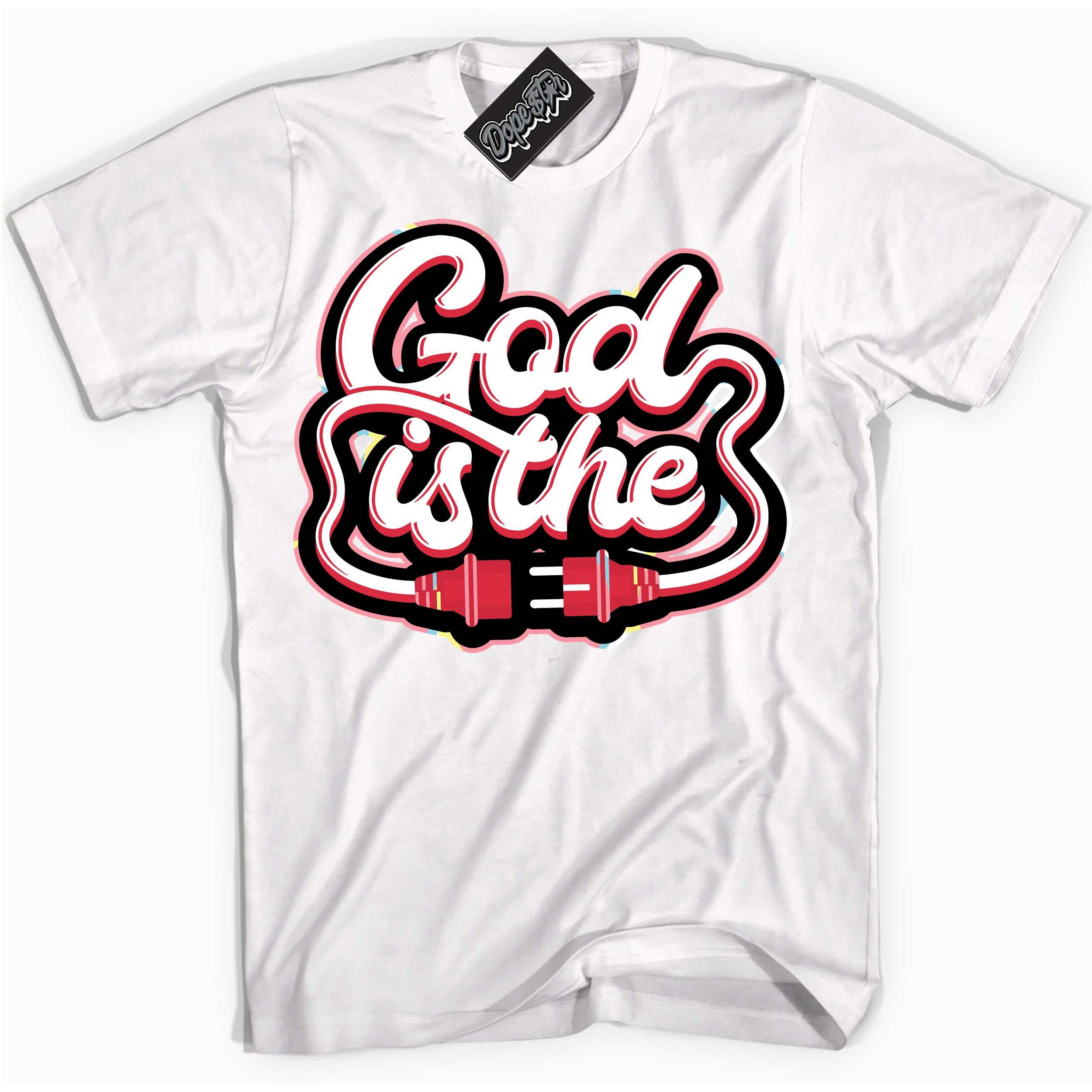 Cool White graphic tee with “ God Is The ” design, that perfectly matches Spider-Verse 1s sneakers 