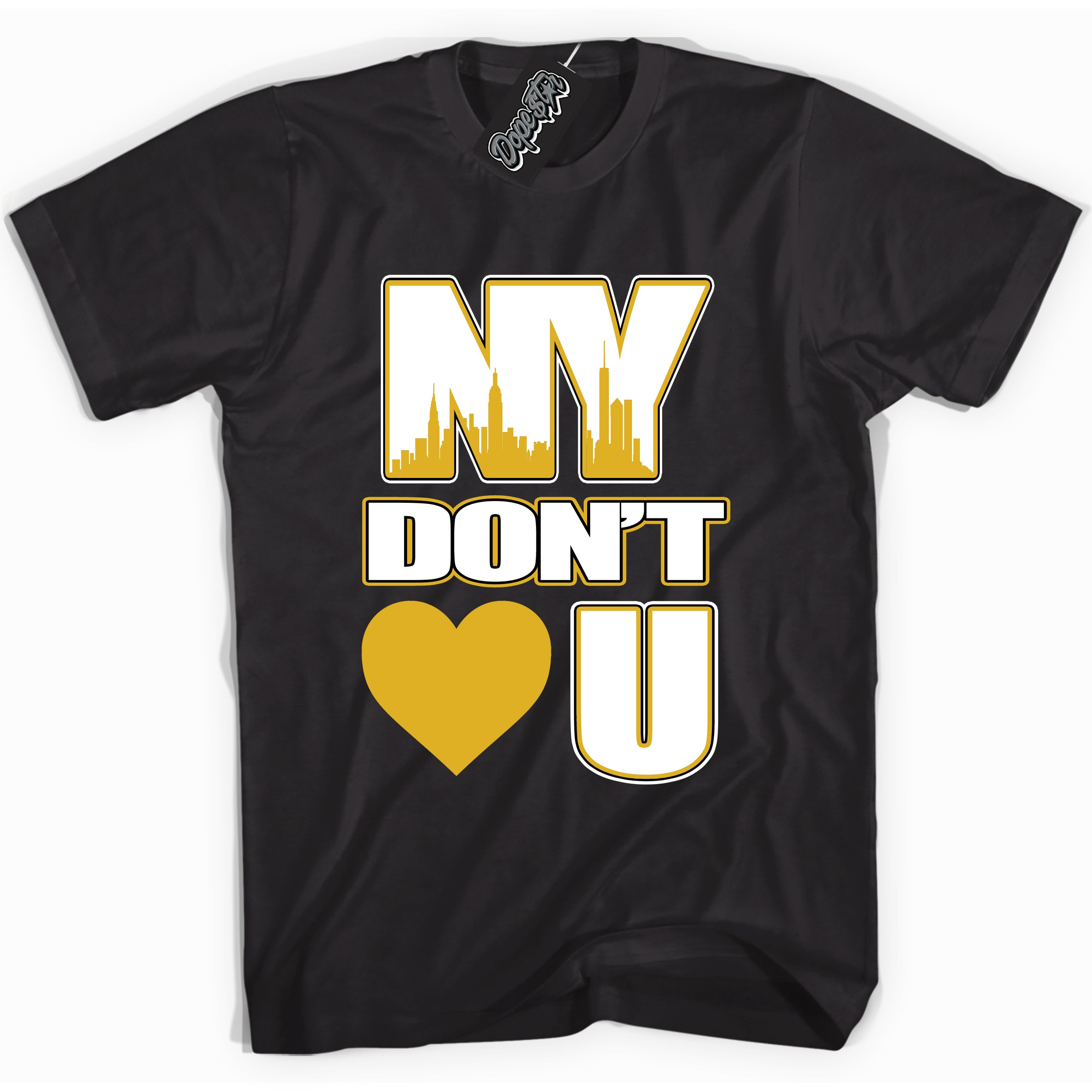 Cool Black Shirt with “ NY Don't Love You” design that perfectly matches Yellow Ochre 6s Sneakers.