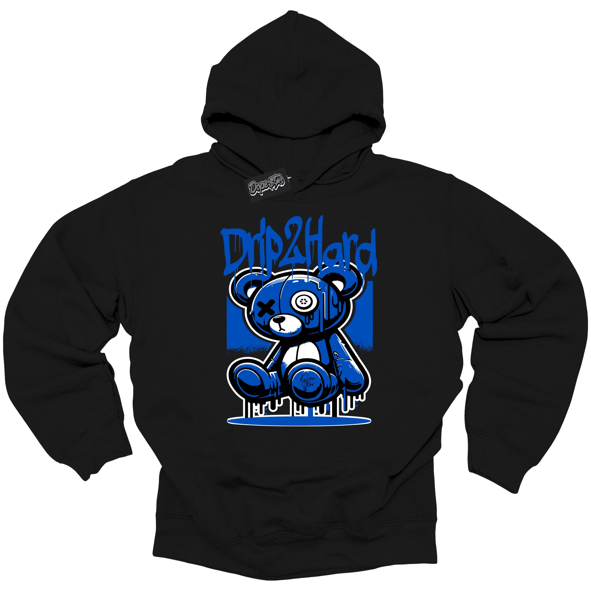 Cool Black Hoodie with “ Drip 2 Hard ”  design that Perfectly Matches  Royal Reimagined 1s Sneakers.