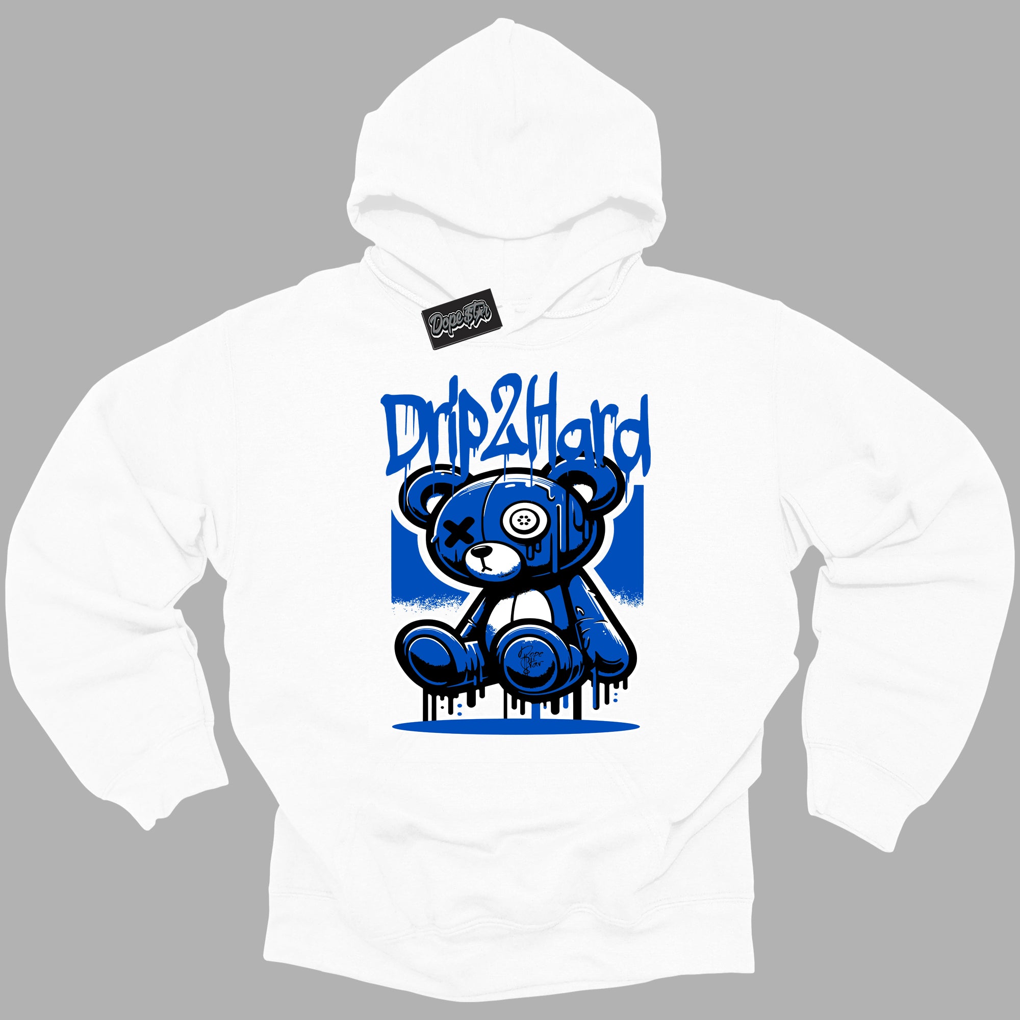 Cool White Hoodie with “ Drip 2 Hard ”  design that Perfectly Matches Royal Reimagined 1s Sneakers.