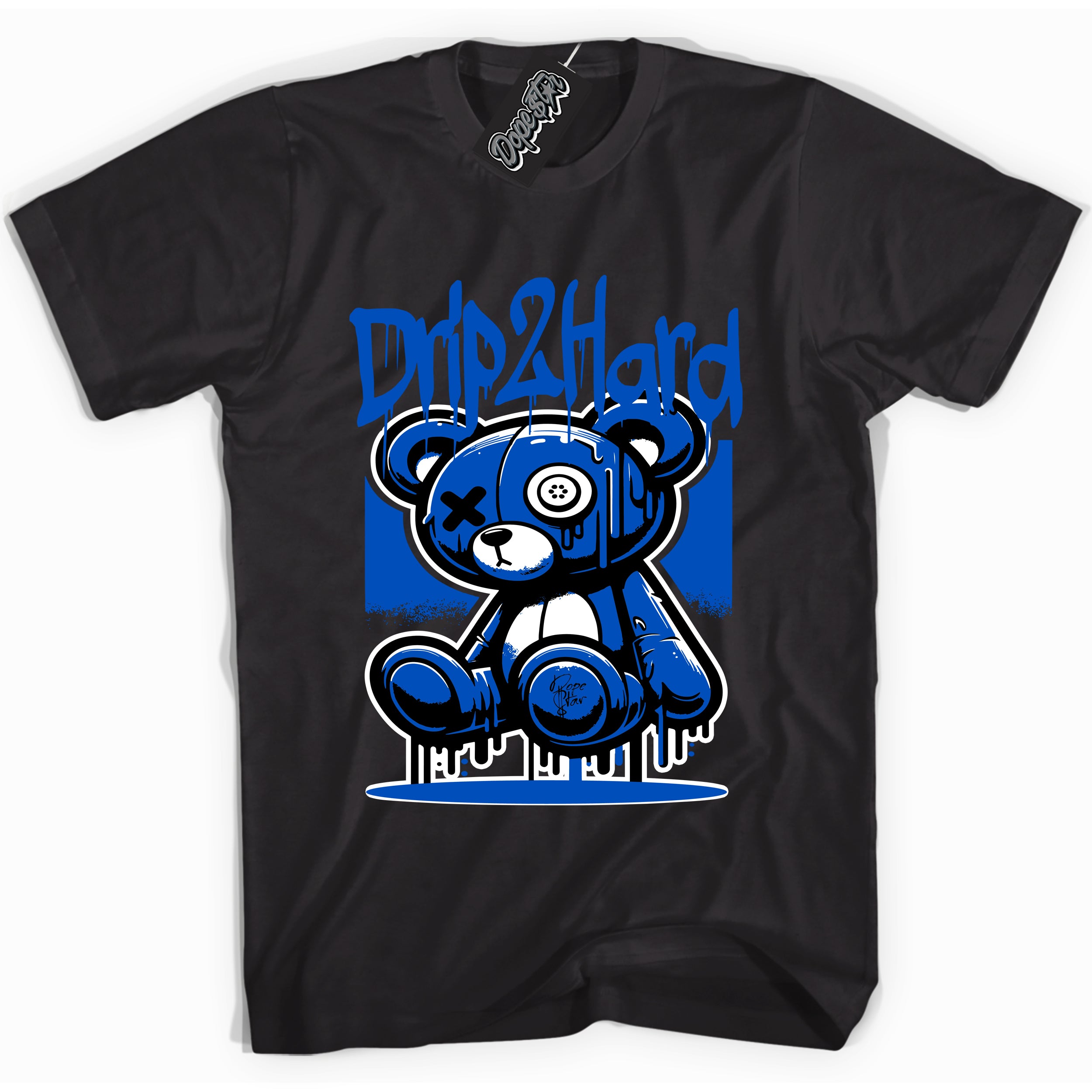 Cool Black graphic tee with "Drip 2 Hard" design, that perfectly matches Royal Reimagined 1s sneakers 