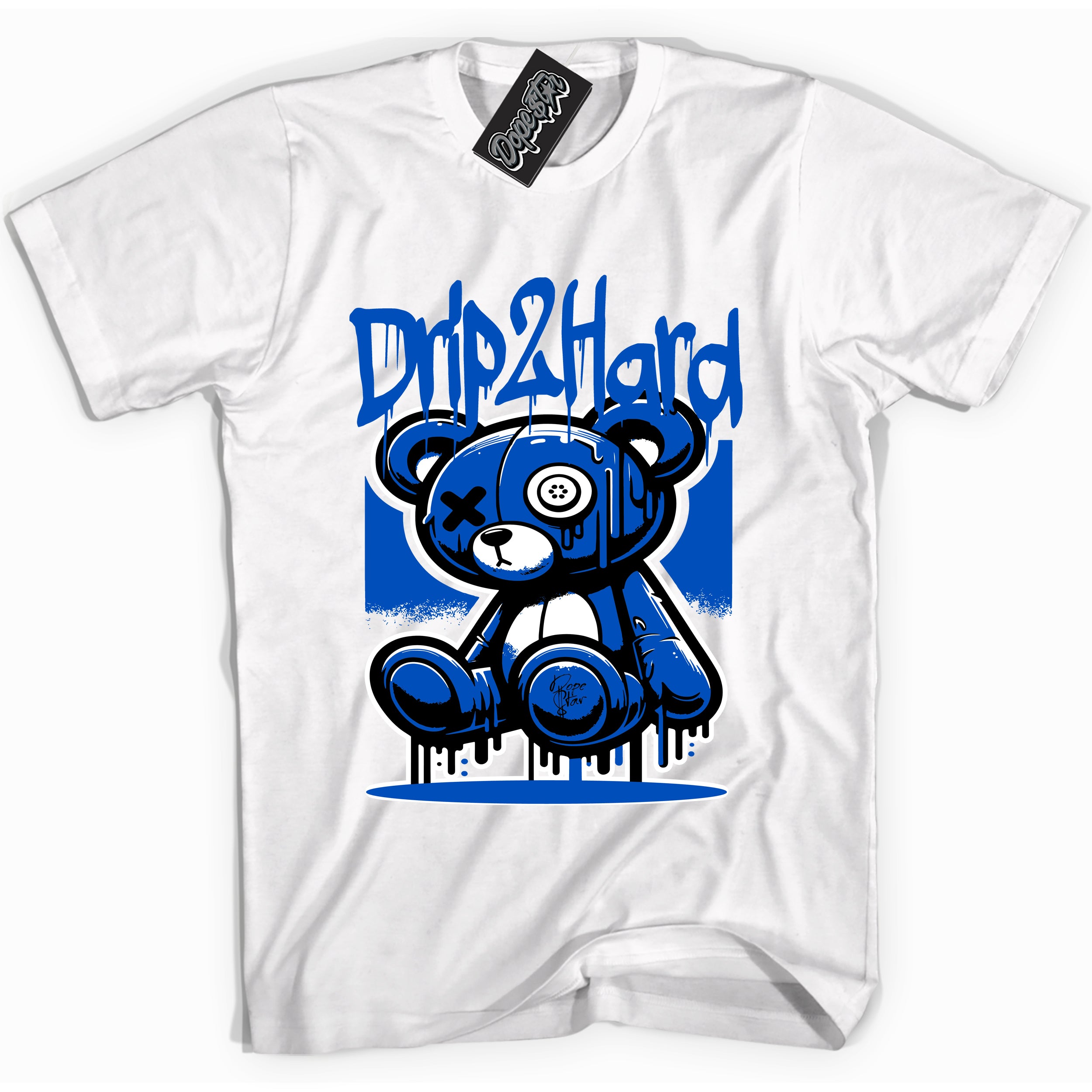 Cool White graphic tee with "Drip 2 Hard" design, that perfectly matches Royal Reimagined 1s sneakers 