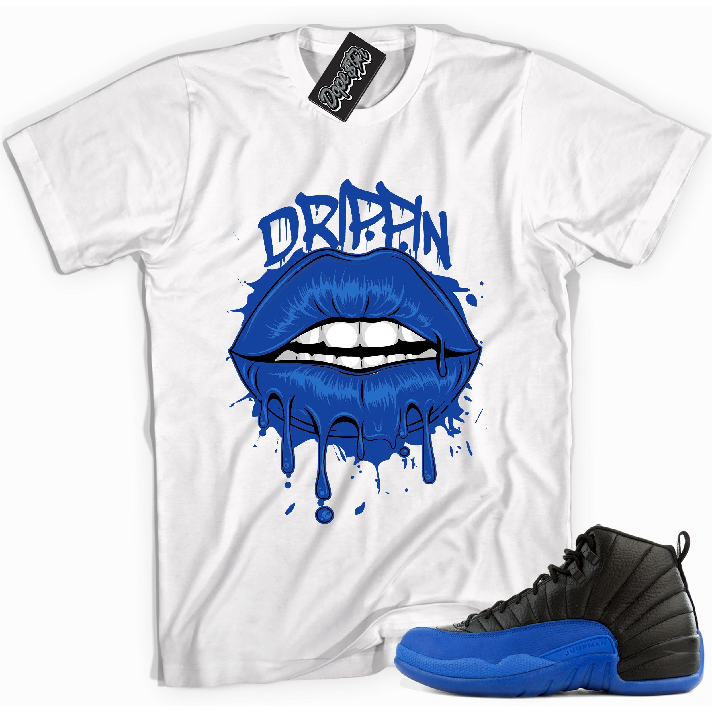Cool white graphic tee with 'drippin' print, that perfectly matches Air Jordan 12 Retro Black Game Royal sneakers.
