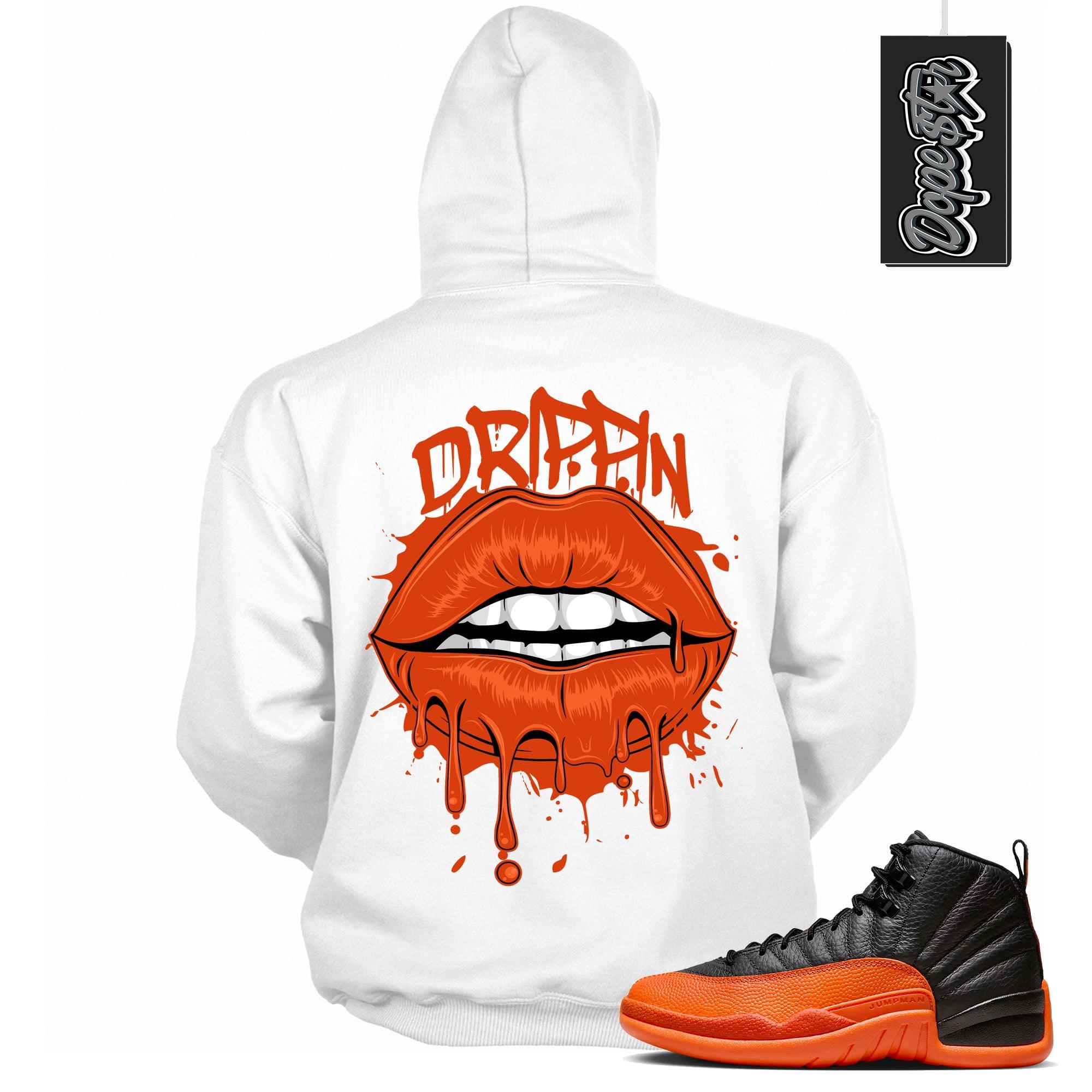 Cool White Graphic Hoodie with “ Drippin Lips “ print, that perfectly matches Air Jordan 12 Retro WNBA All-Star Brilliant Orange  sneakers