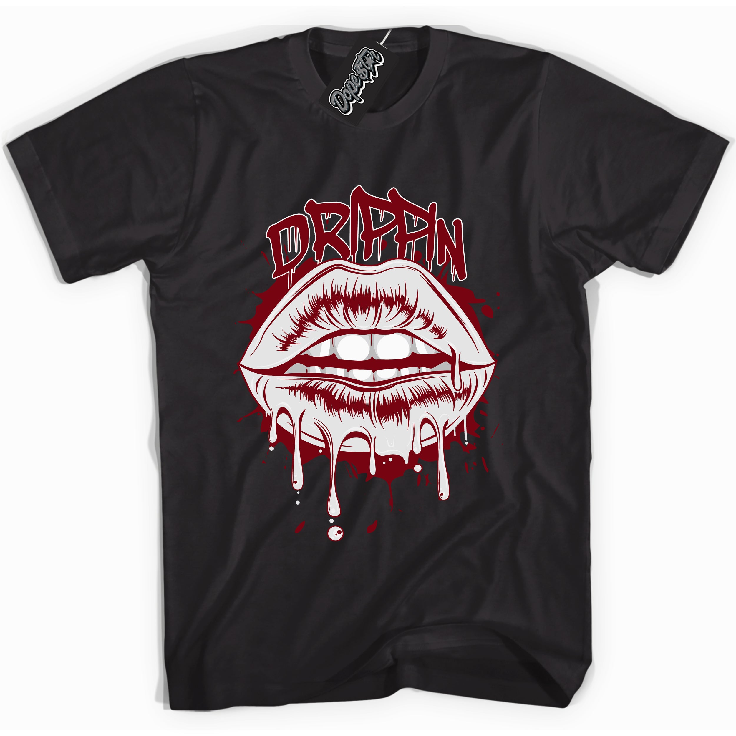 Cool Black graphic tee with “ Drippin ” print, that perfectly matches OG Metallic Burgundy 1s sneakers 