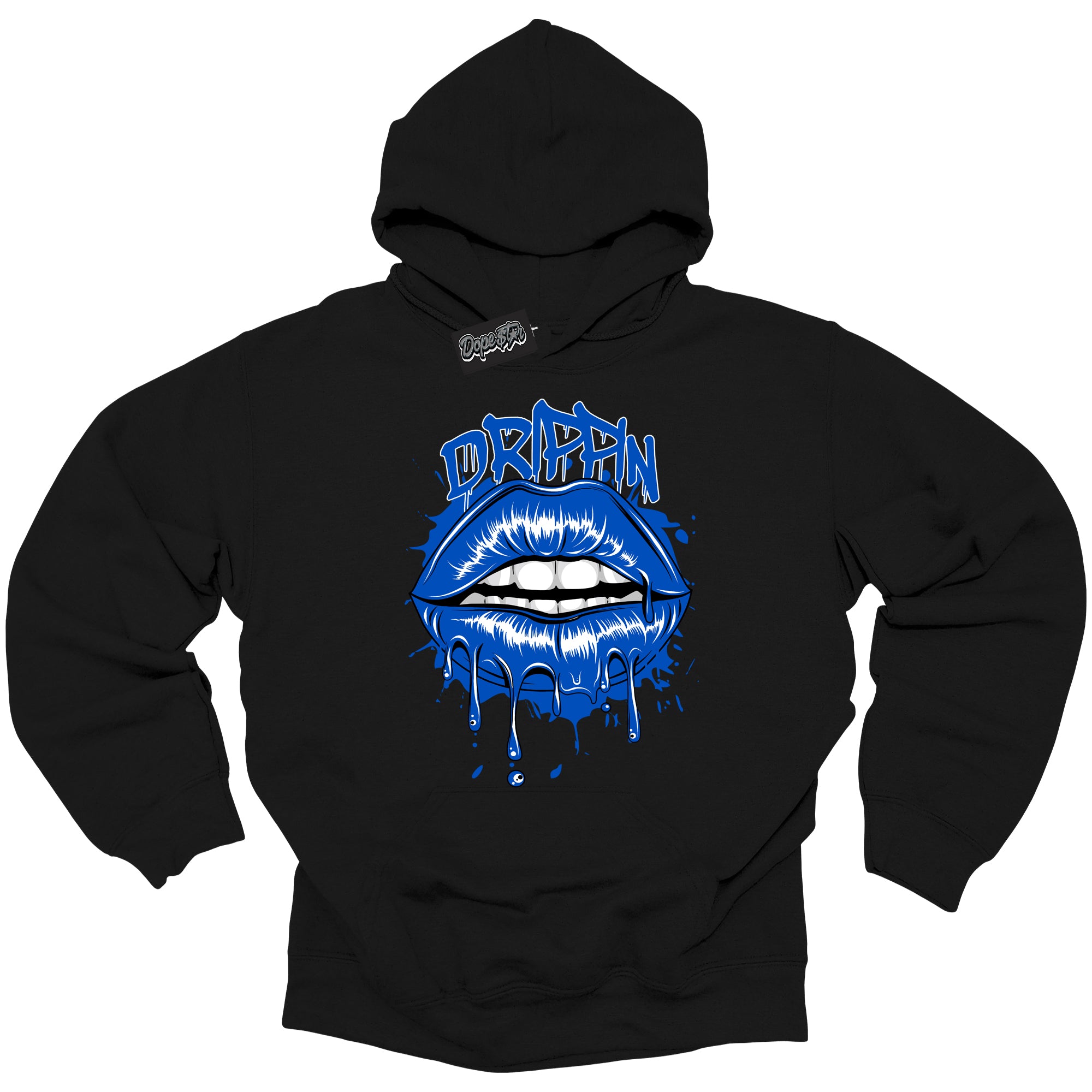 Cool Black Hoodie with “ Drippin ”  design that Perfectly Matches  Royal Reimagined 1s Sneakers.