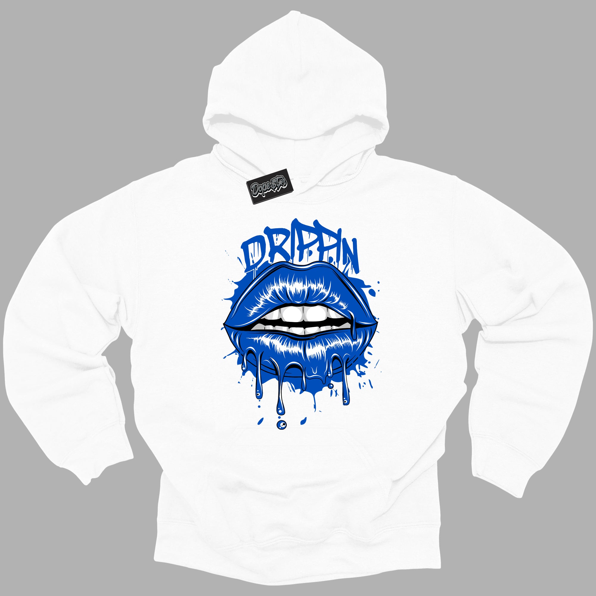 Cool White Hoodie with “ Drippin ”  design that Perfectly Matches Royal Reimagined 1s Sneakers.