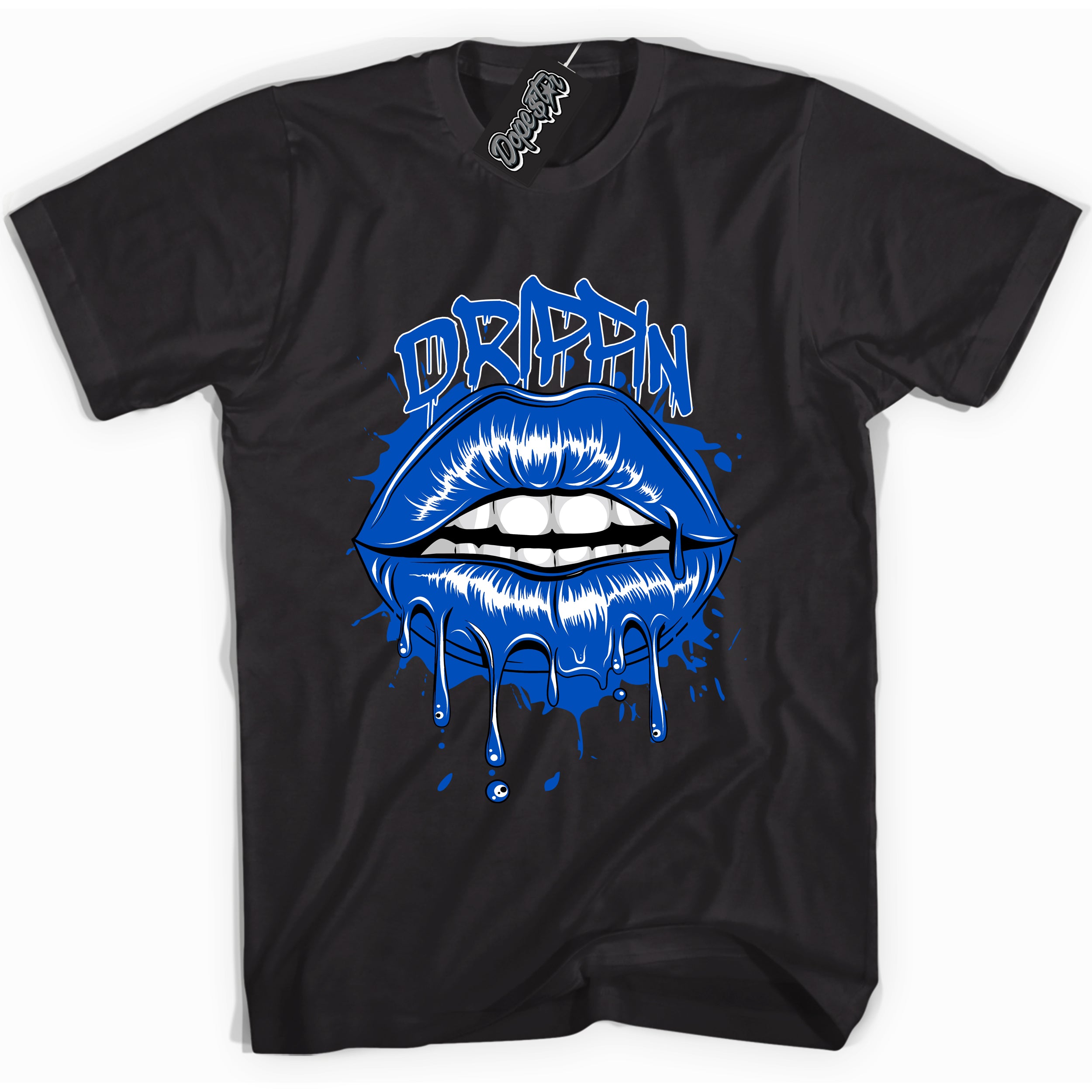 Cool Black graphic tee with "Drippin" design, that perfectly matches Royal Reimagined 1s sneakers 