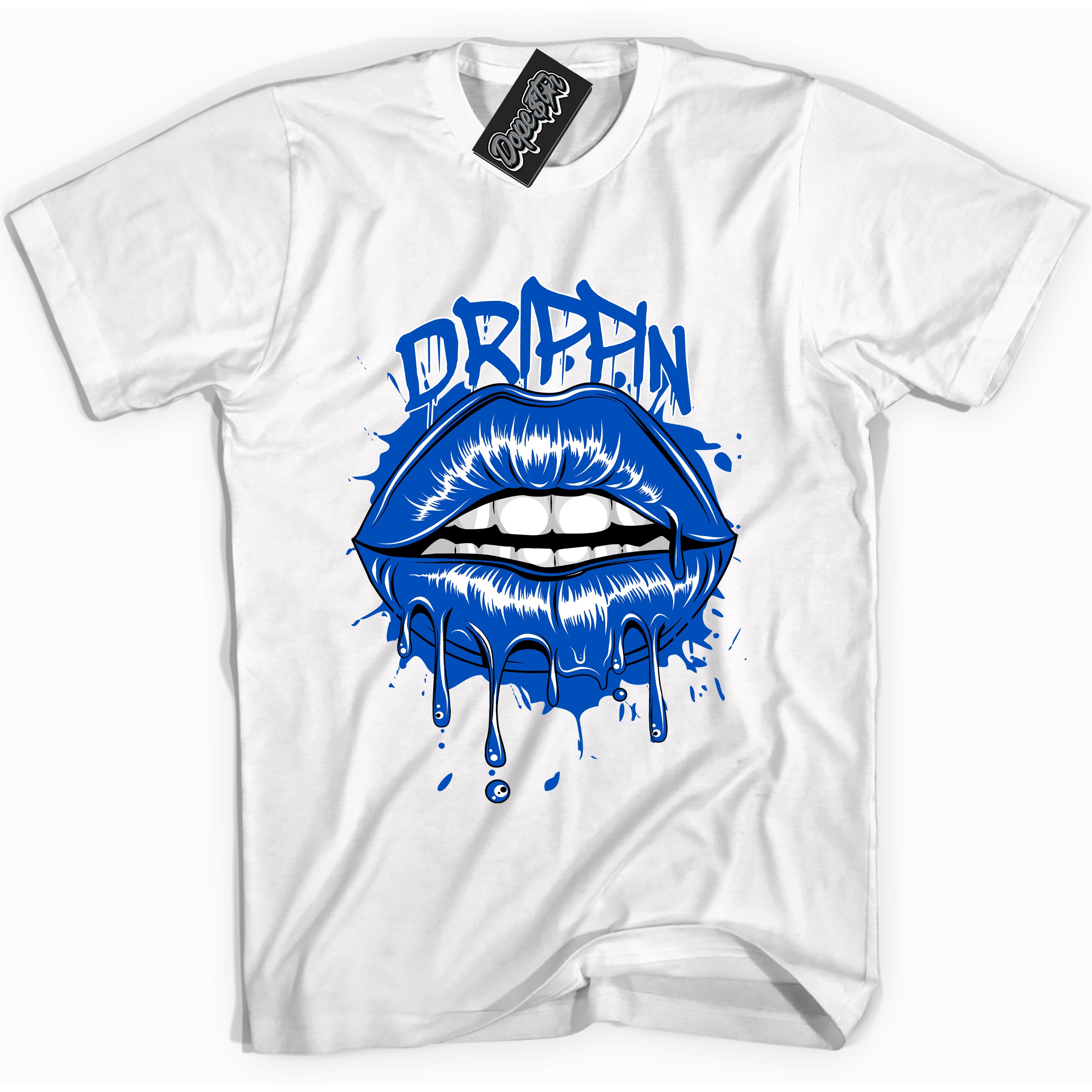 Cool White graphic tee with "Drippin" design, that perfectly matches Royal Reimagined 1s sneakers 