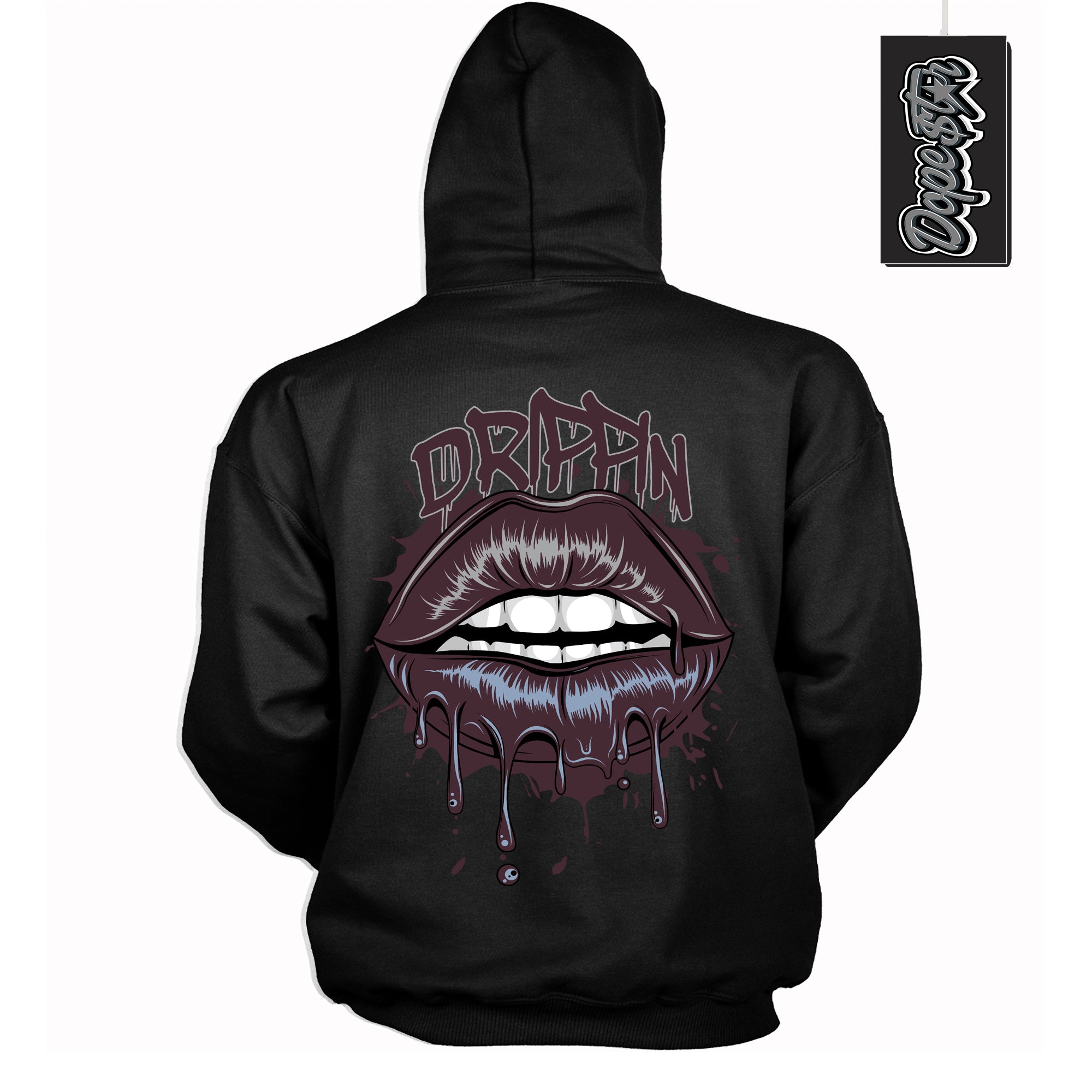 Cool Black Hoodie with “ Drippin ”  design that Perfectly Matches Burgundy 5s Sneakers.