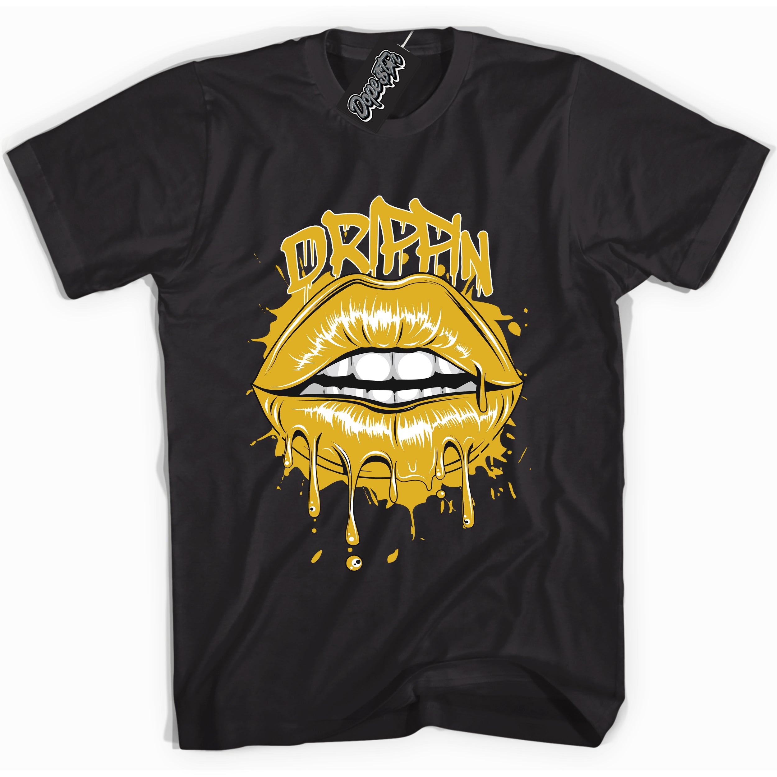 Cool Black Shirt with “ Drippin” design that perfectly matches Yellow Ochre 6s Sneakers.