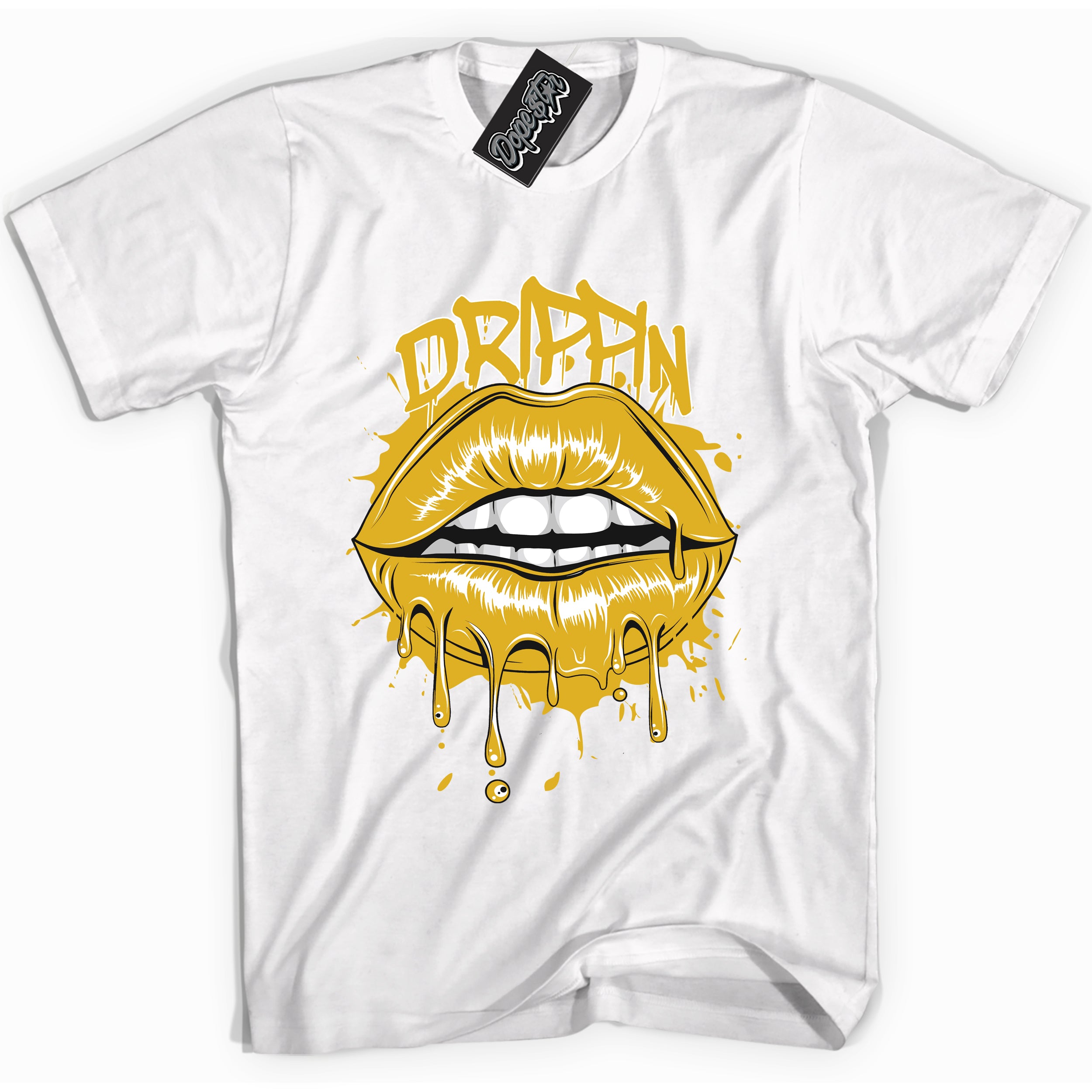 Cool White Shirt with “ Drippin” design that perfectly matches Yellow Ochre 6s Sneakers.