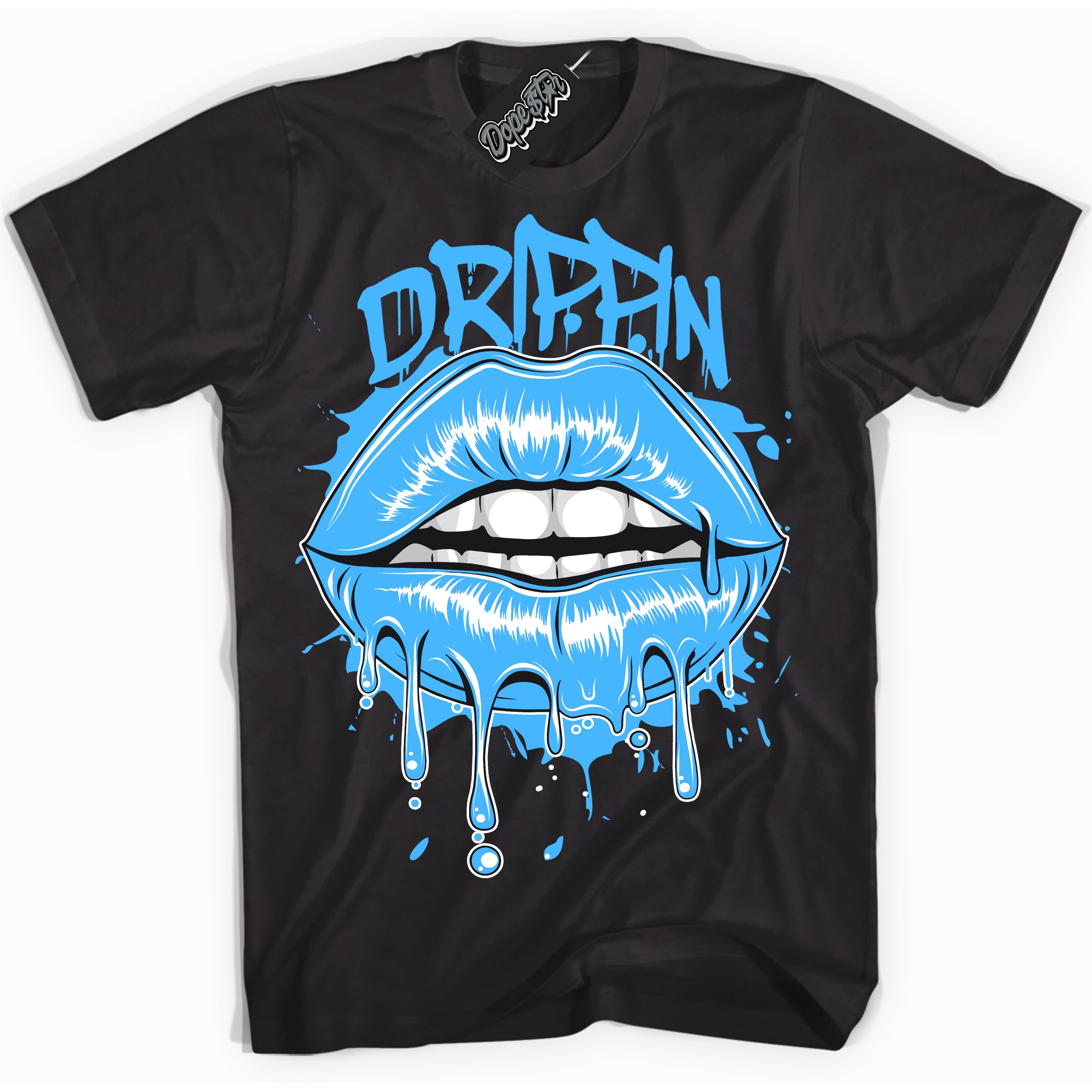Cool Black graphic tee with “ Drippin ” design, that perfectly matches Powder Blue 9s sneakers 