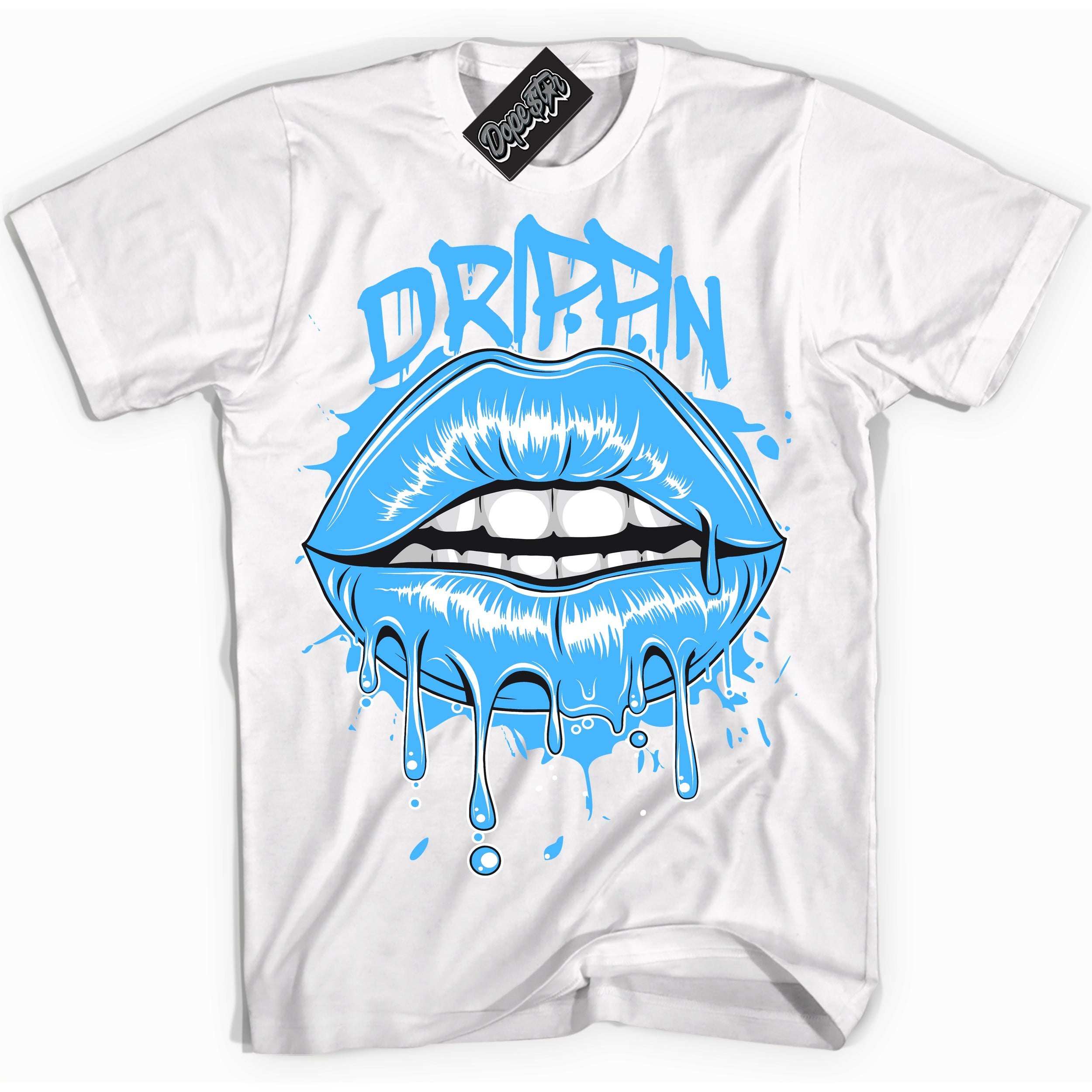 Cool White graphic tee with “ Drippin ” design, that perfectly matches Powder Blue 9s sneakers 
