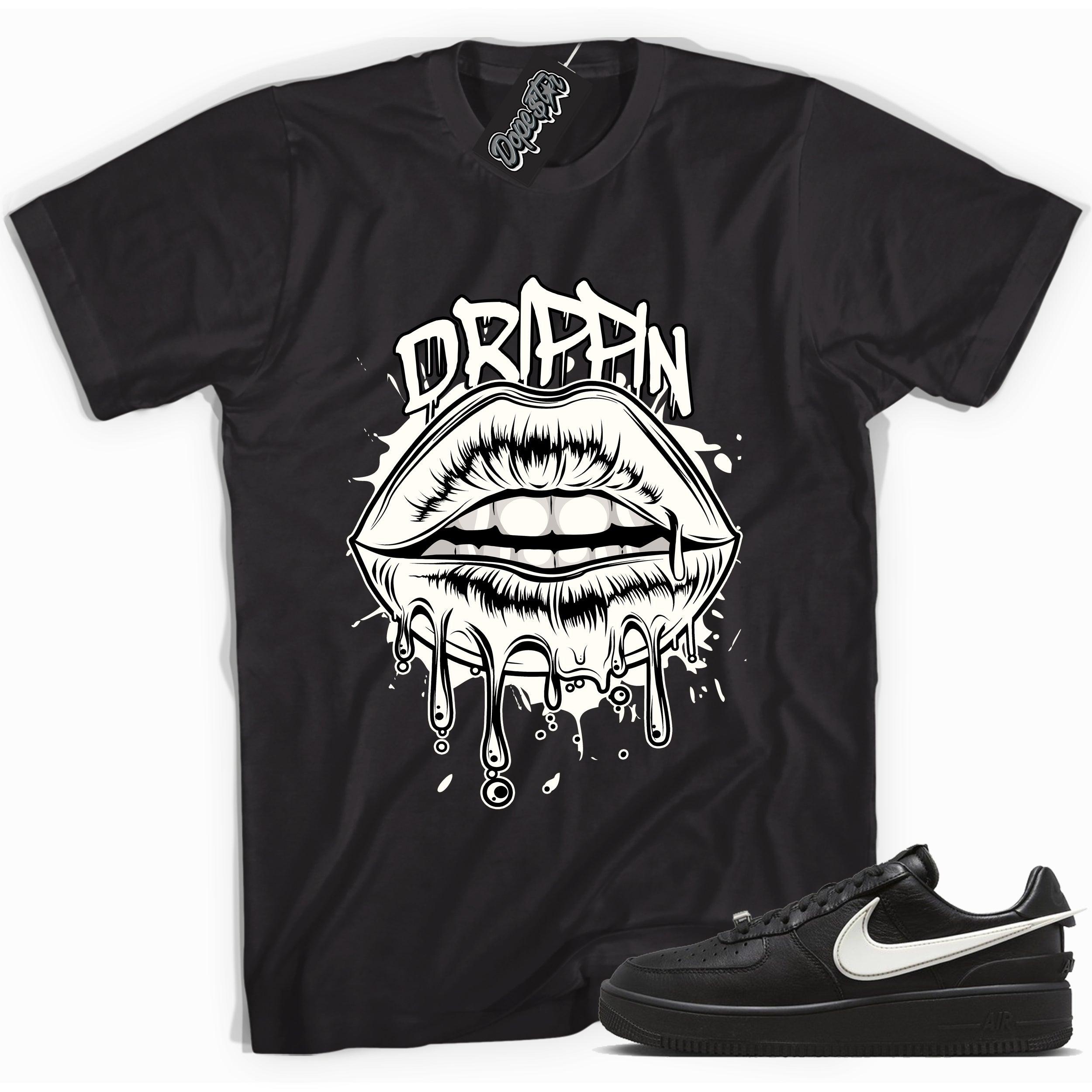 Cool black graphic tee with 'dripping' print, that perfectly matches Nike Air Force 1 Low SP Ambush Phantom sneakers.