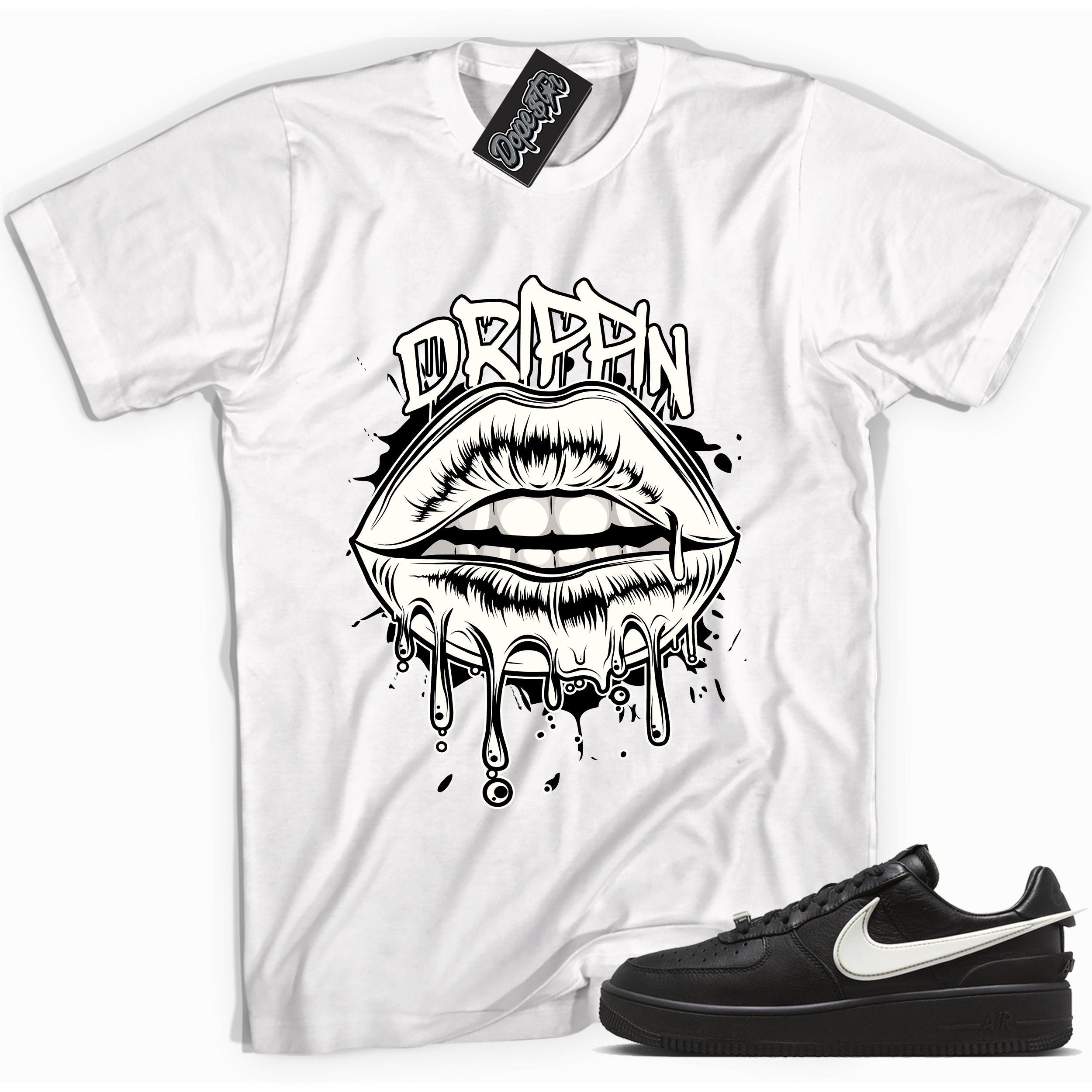 Cool white graphic tee with 'dripping' print, that perfectly matches Nike Air Force 1 Low SP Ambush Phantom sneakers.