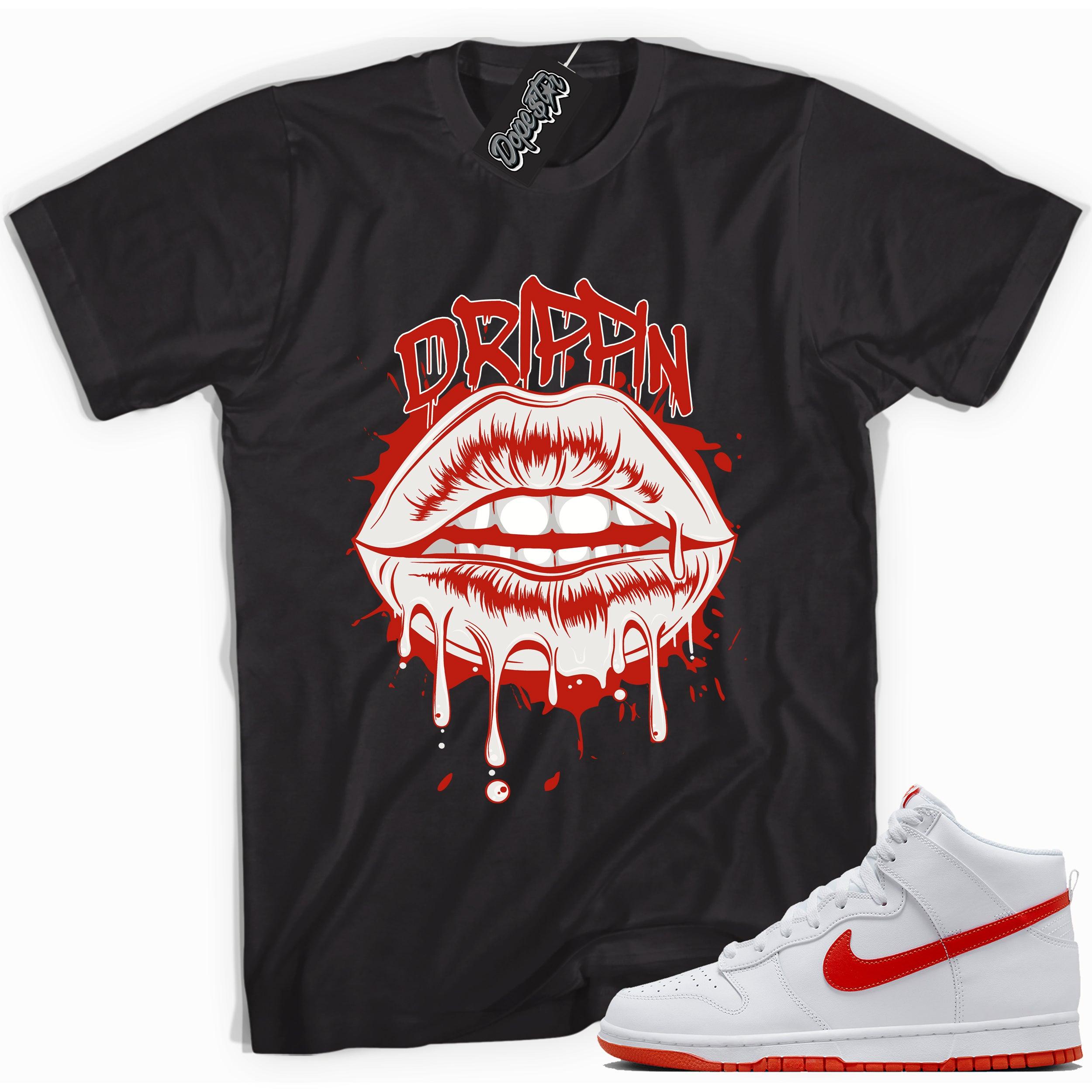 Cool black graphic tee with 'dripping' print, that perfectly matches Nike Dunk High White Picante Red sneakers.