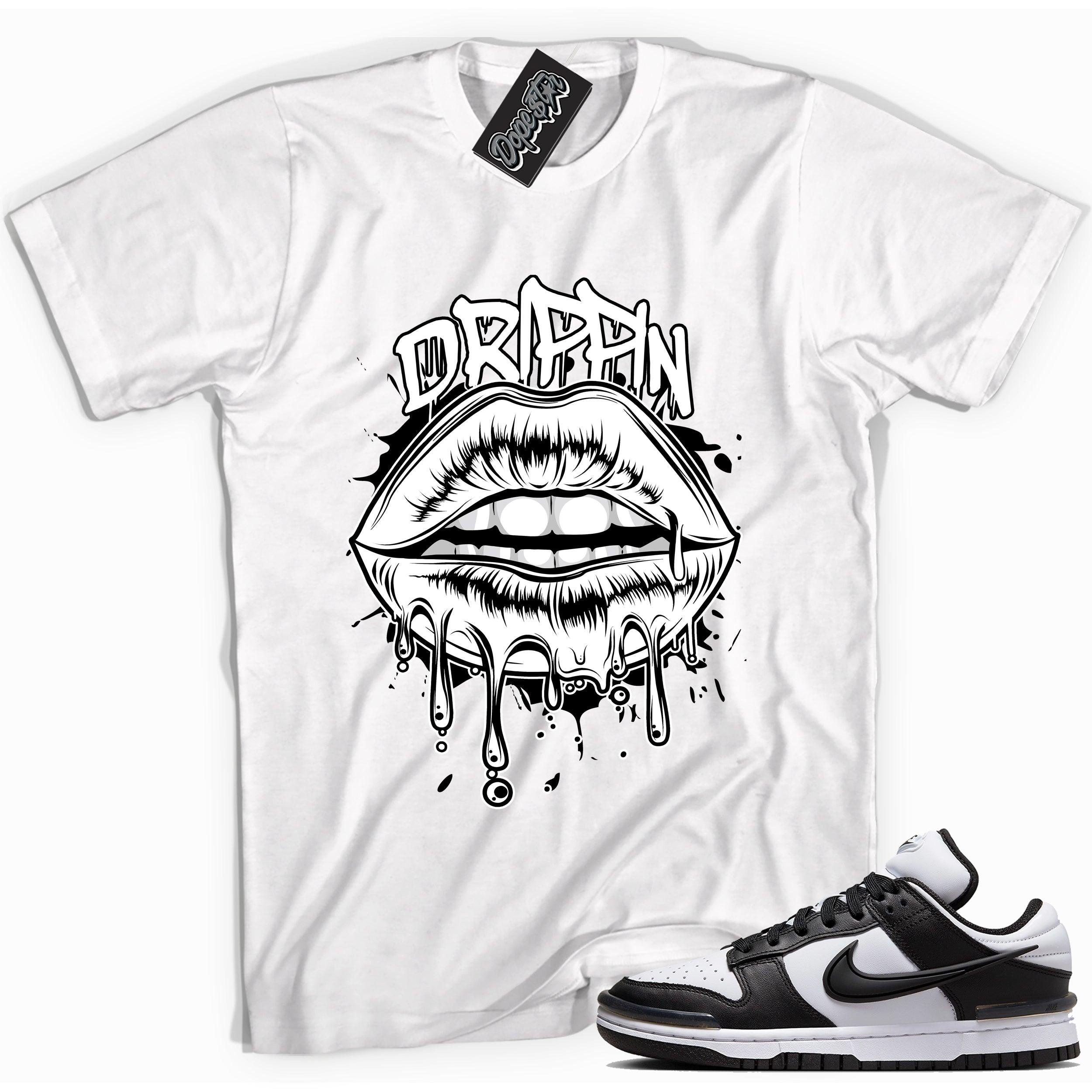 Cool white graphic tee with 'drippin' print, that perfectly matches Nike Dunk Low Twist Panda sneakers.