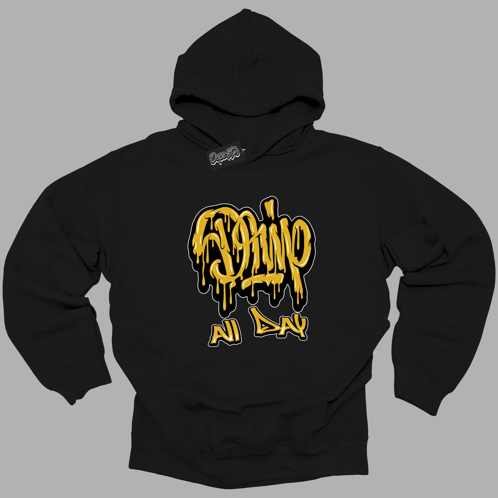 Cool Black Hoodie with “ Drip All Day ”  design that Perfectly Matches Yellow Ochre 6s Sneakers.