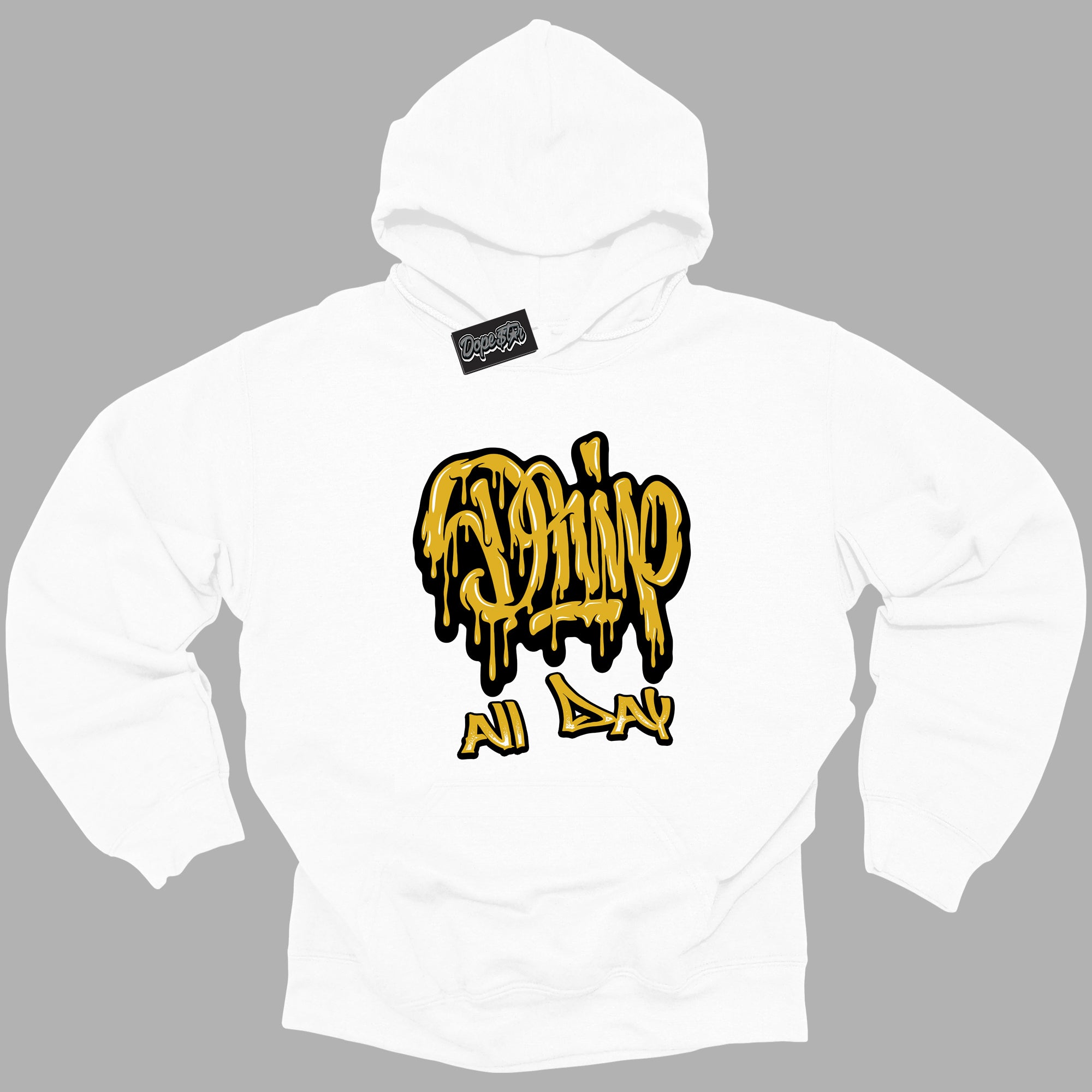 Cool White Hoodie with “ Drip All Day ”  design that Perfectly Matches Yellow Ochre 6s Sneakers.