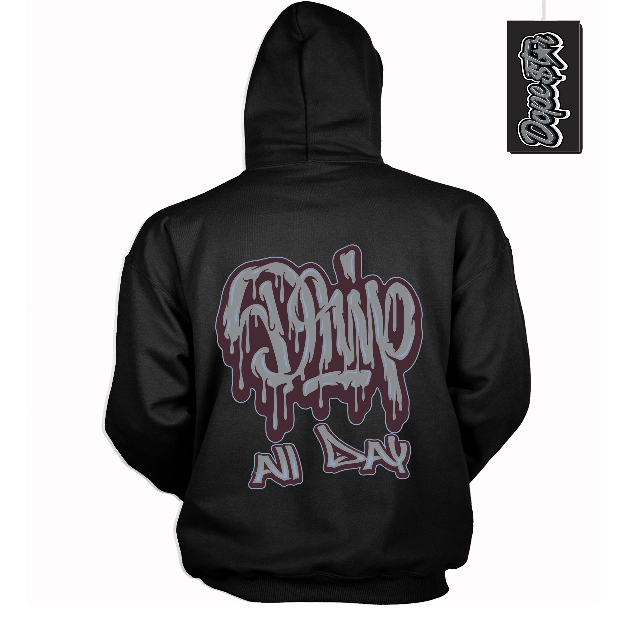 Cool Black Hoodie with “ Drip All Day ”  design that Perfectly Matches Burgundy 5s Sneakers.