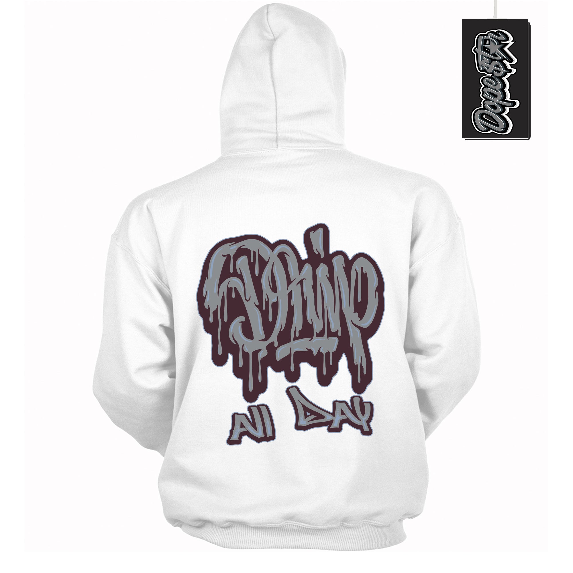 Cool White Hoodie with “ Drip All Day ”  design that Perfectly Matches Burgundy 5s Sneakers.