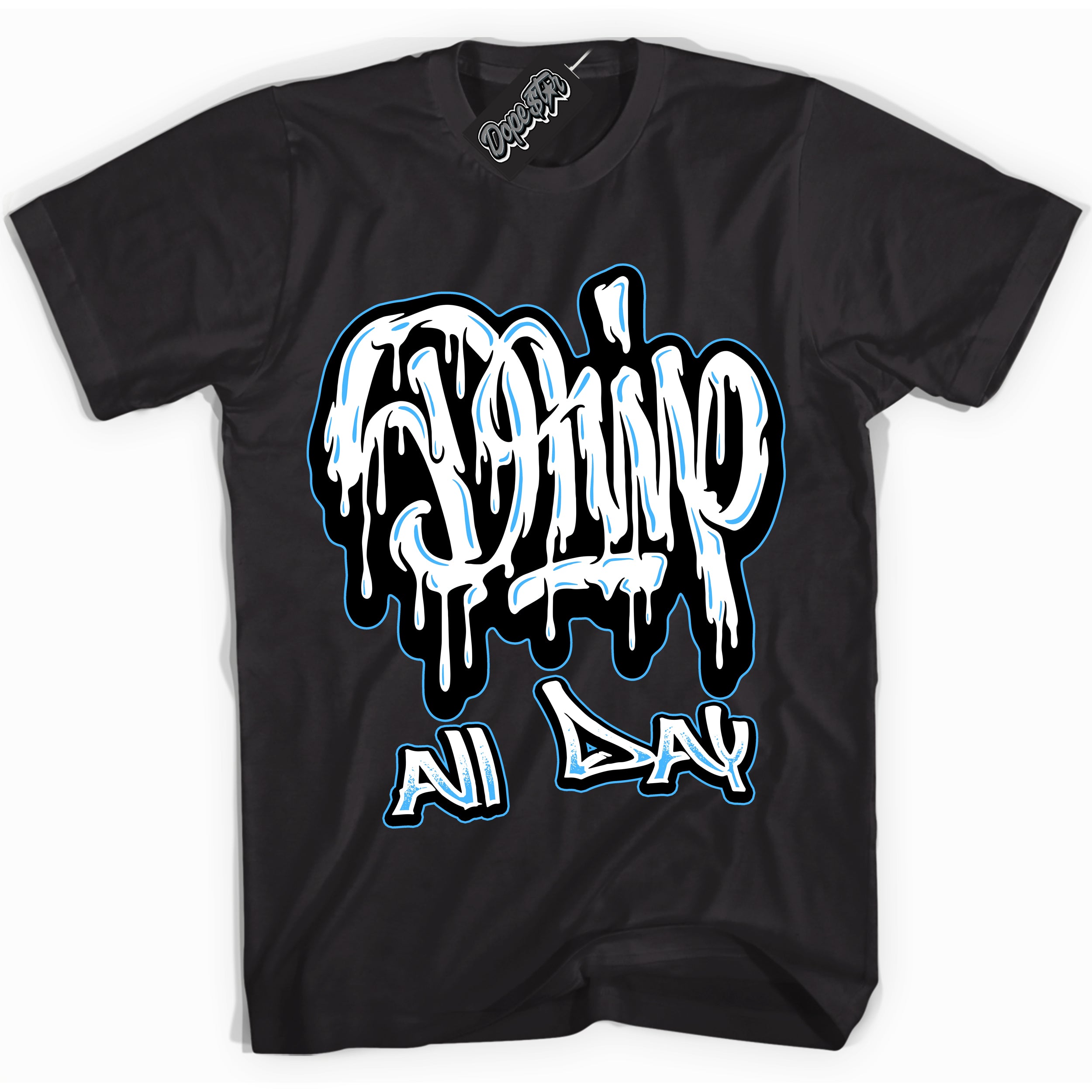Cool Black graphic tee with “ Drip All Day ” design, that perfectly matches Powder Blue 9s sneakers 