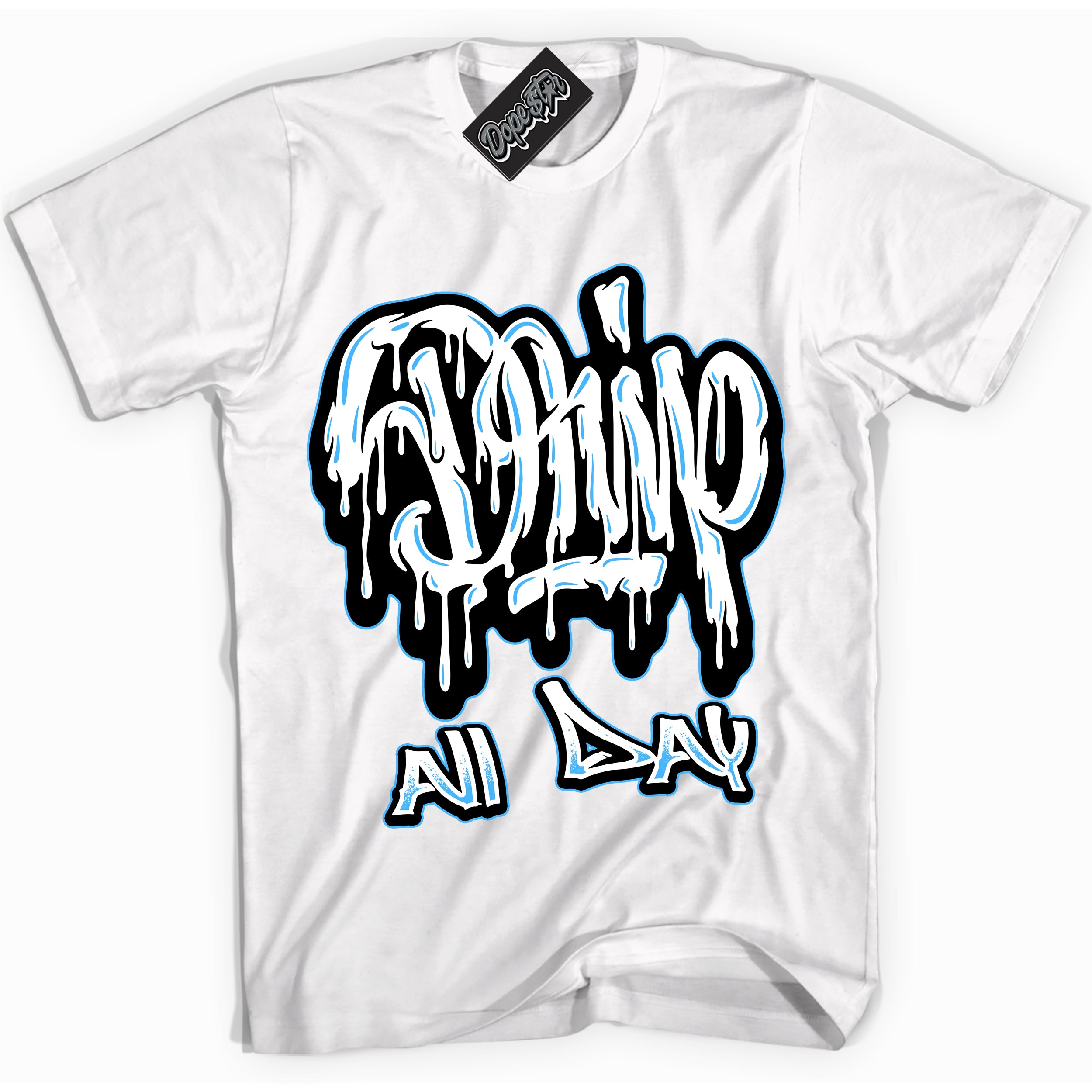 Cool White graphic tee with “ Drip All Day ” design, that perfectly matches Powder Blue 9s sneakers 