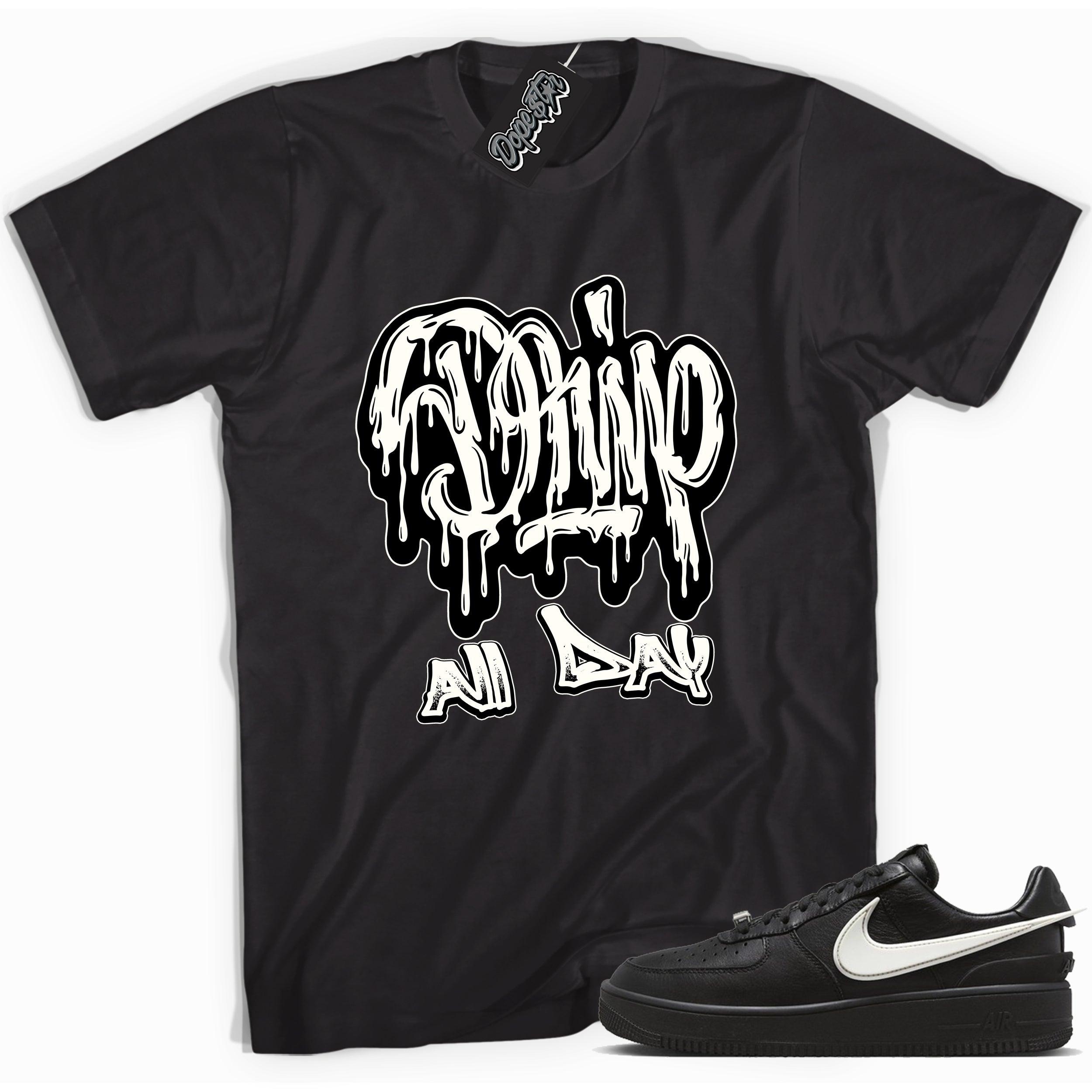 Cool black graphic tee with 'drip all day' print, that perfectly matches Nike Air Force 1 Low Ambush Phantom Black sneakers