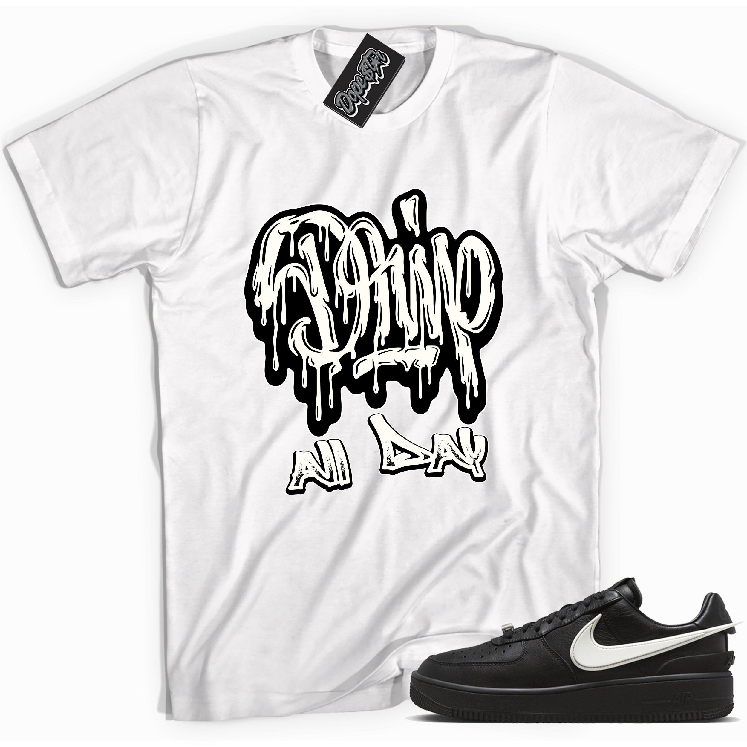 Cool white graphic tee with 'drip all day' print, that perfectly matches Nike Air Force 1 Low SP Ambush Phantom sneakers.
