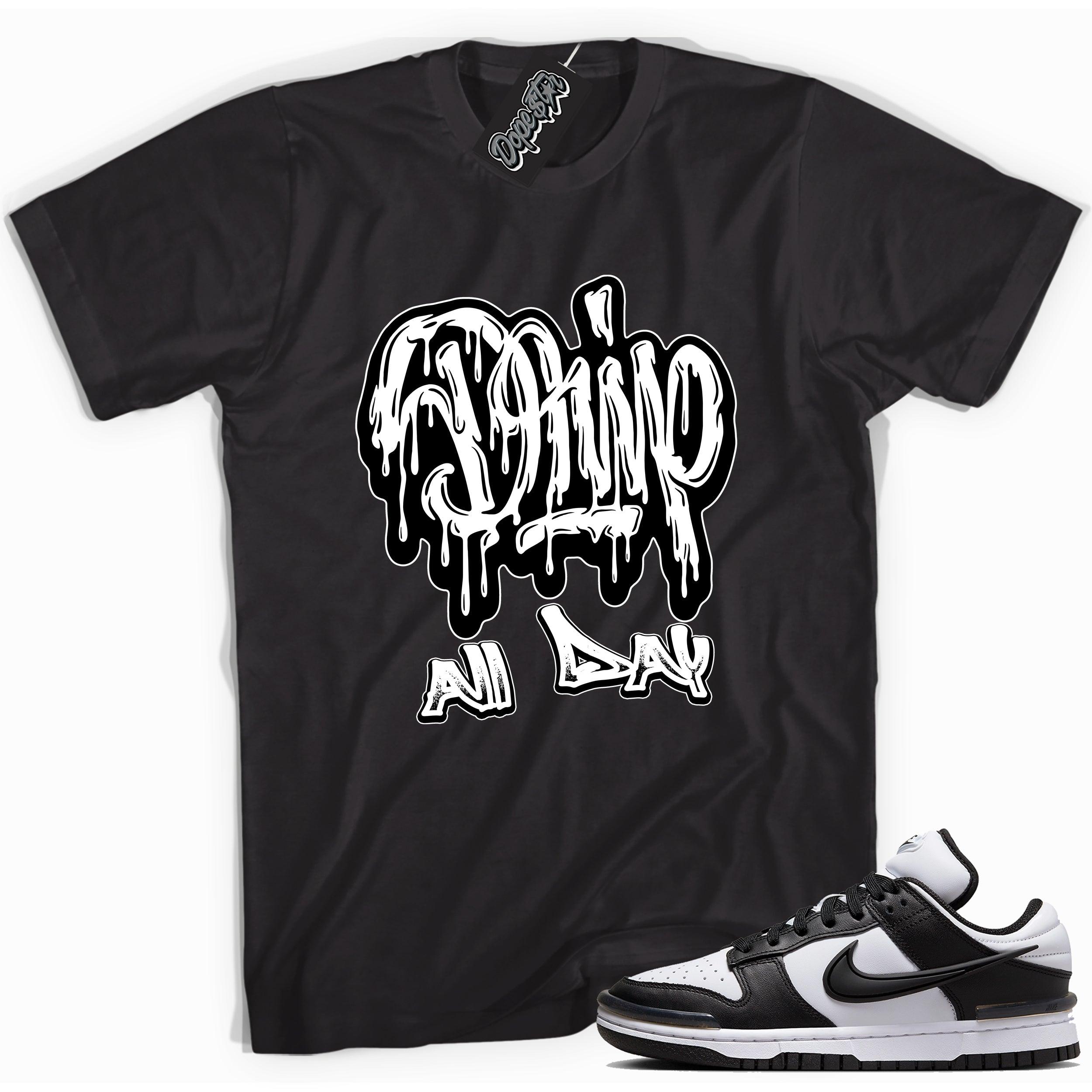 Cool black graphic tee with 'drip all day' print, that perfectly matches Nike Dunk Low Twist Panda sneakers.