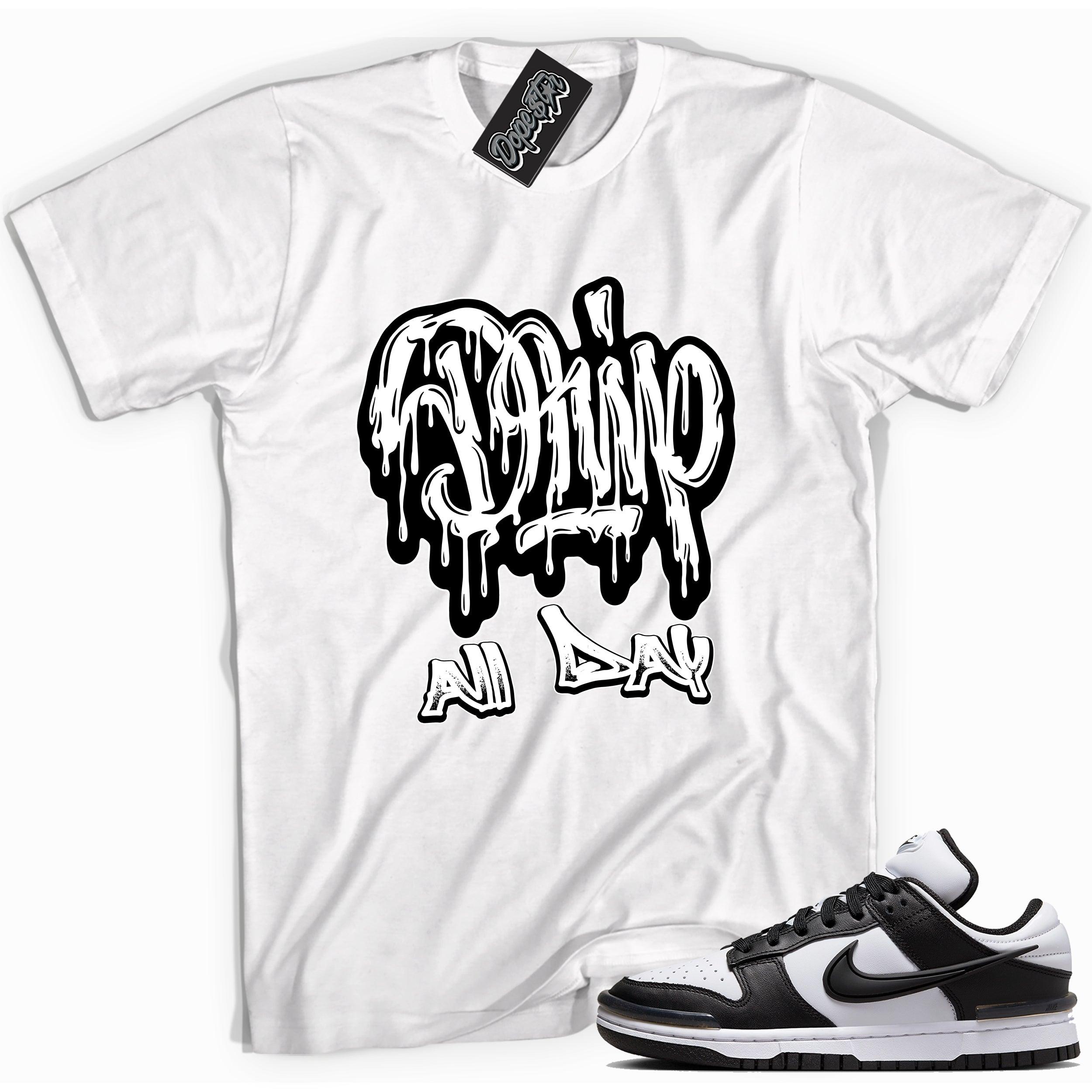 Cool white graphic tee with 'drip all day' print, that perfectly matches Nike Dunk Low Twist Panda sneakers.