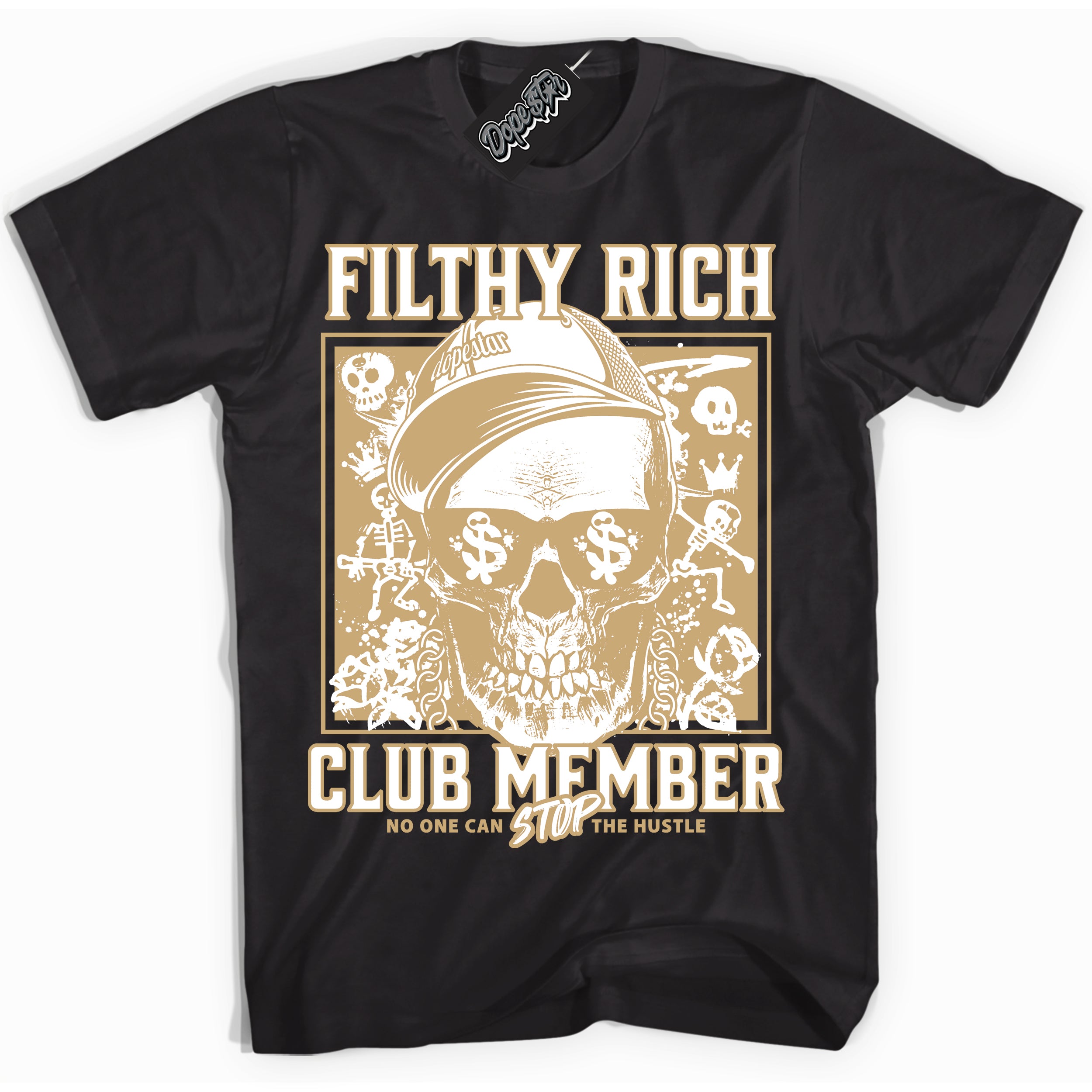 Jordan MVP White Metallic Gold ‘Filthy Rich’ – Black Streetwear T-Shirt | Sneaker Matching shirt for Jordan MVP White Metallic Gold | Men's and Women's Streetwear Graphic Tee by Sneaker Shirts Outlet.
