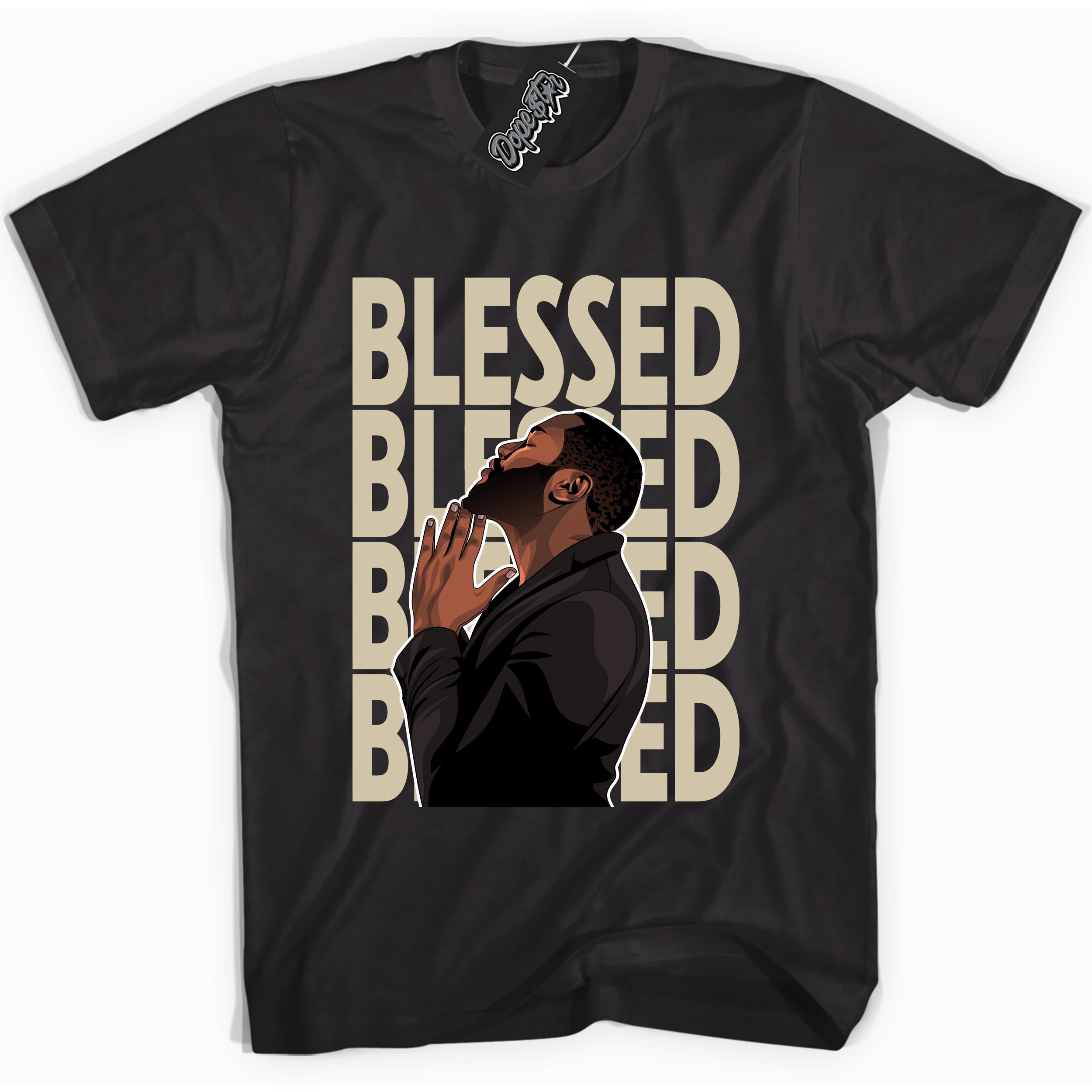 Cool Black graphic tee with “ God Blessed  ” print, that perfectly matches GRATITUDE 11s  sneakers 