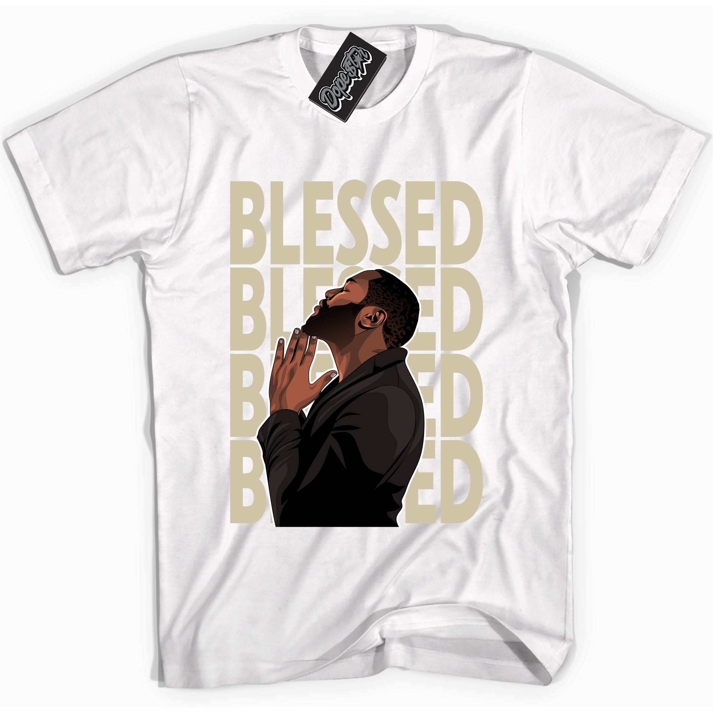 Cool White graphic tee with “ God Blessed ” print, that perfectly matches GRATITUDE 11s  sneakers 
