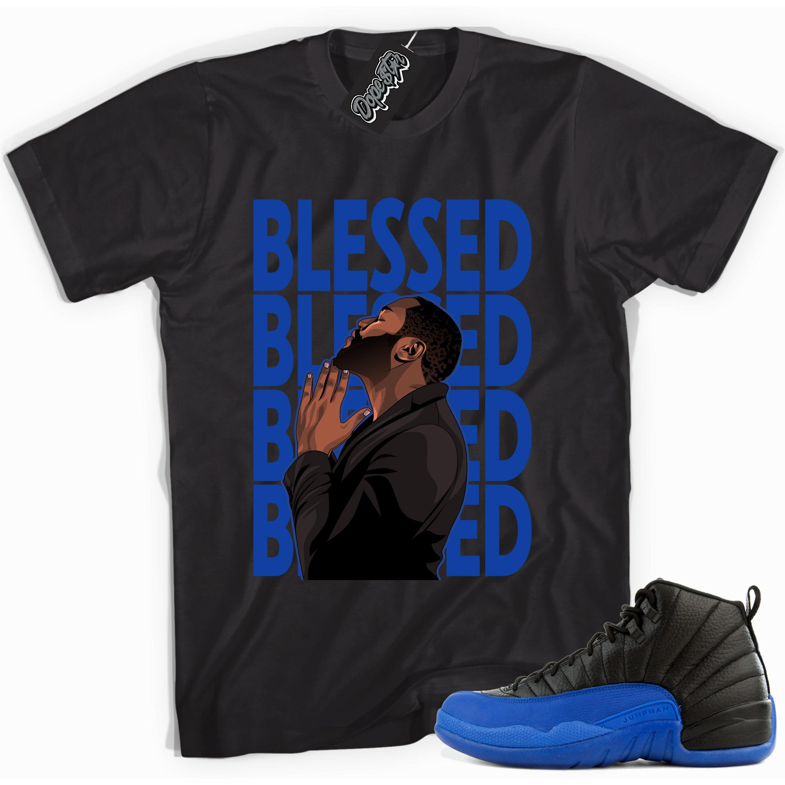 Cool black graphic tee with 'blessed' print, that perfectly matches  Air Jordan 12 Retro Black Game Royal sneakers.