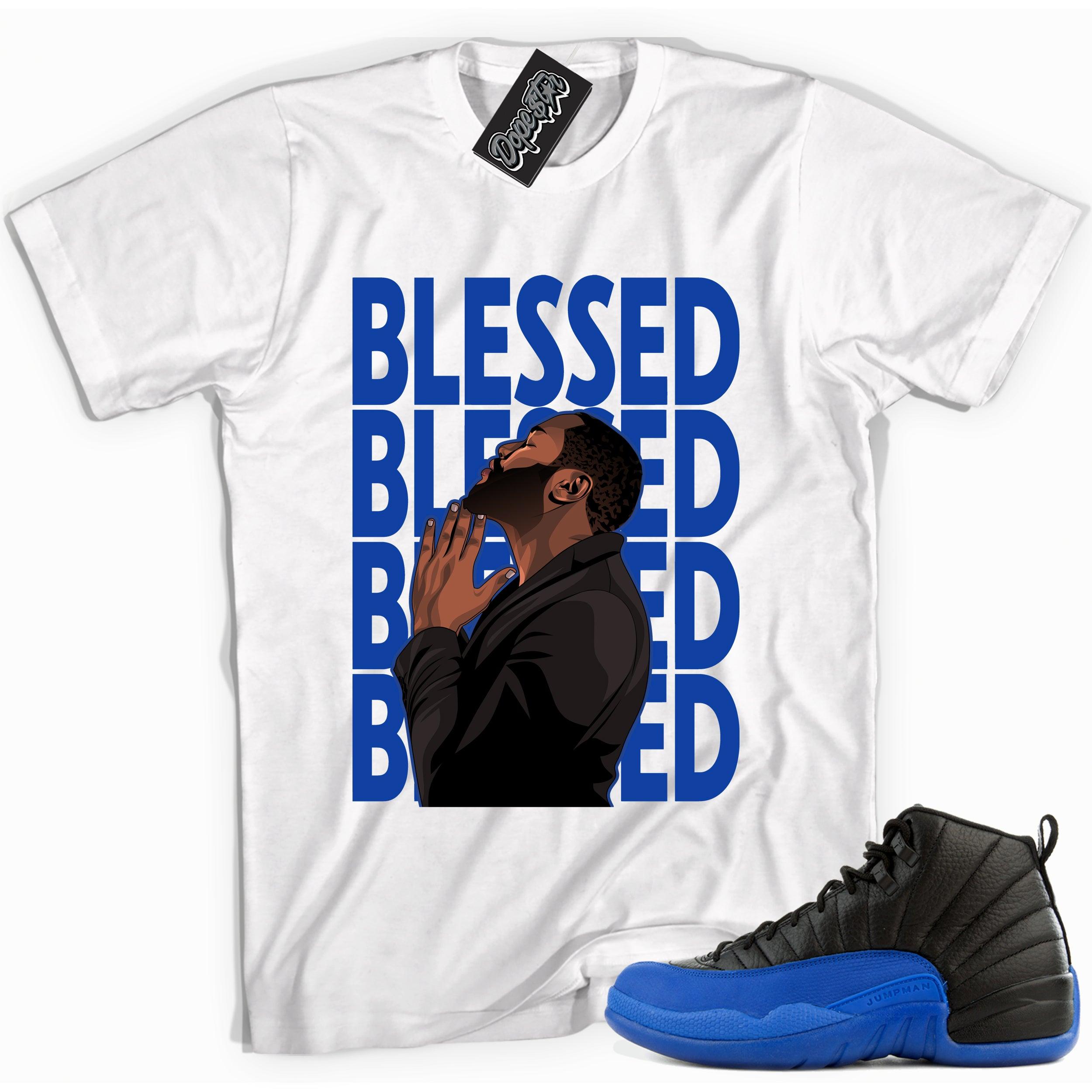 Cool white graphic tee with 'blessed' print, that perfectly matches Air Jordan 12 Retro Black Game Royal sneakers.