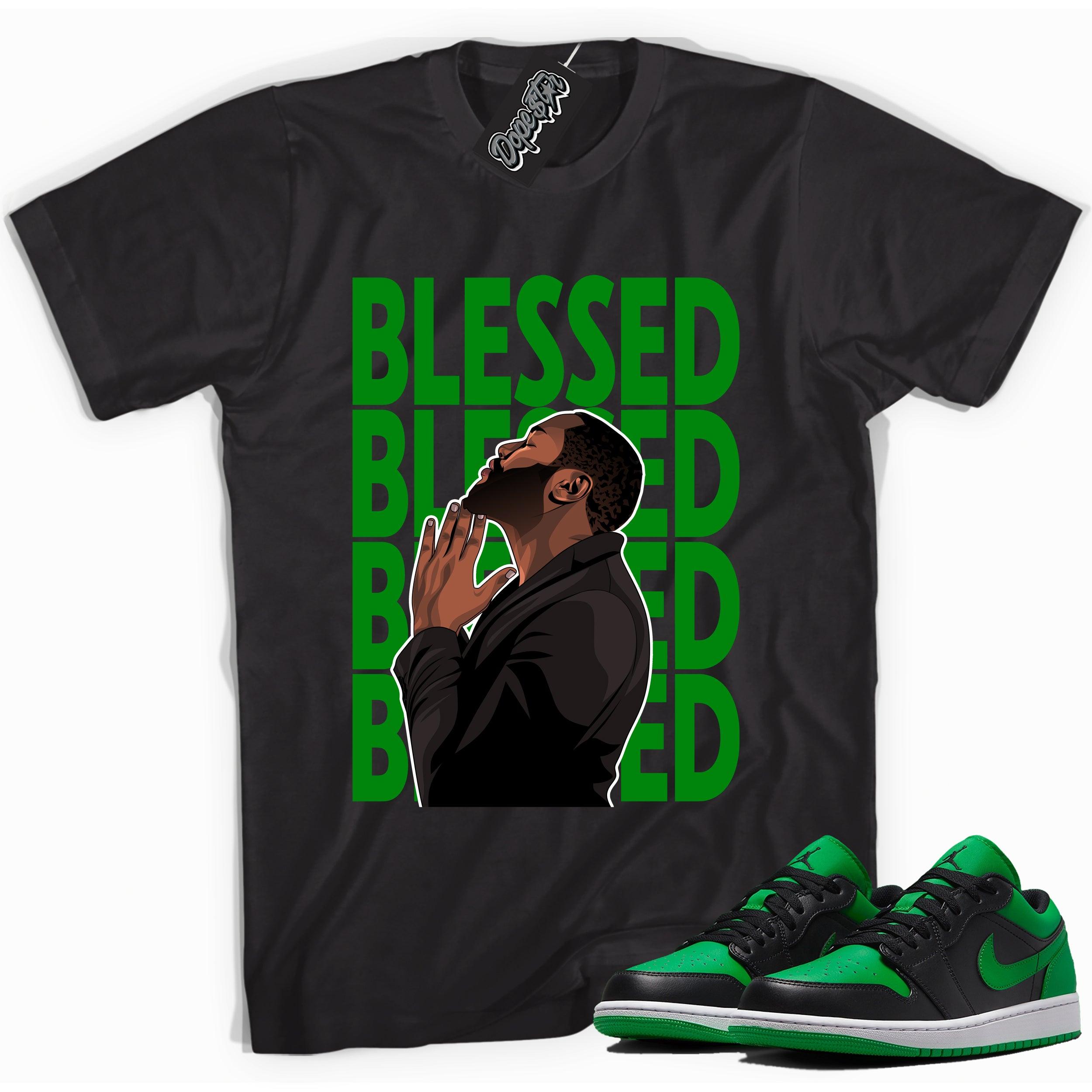 Cool black graphic tee with 'Blessed' print, that perfectly matches Air Jordan 1 Low Lucky Green sneakers