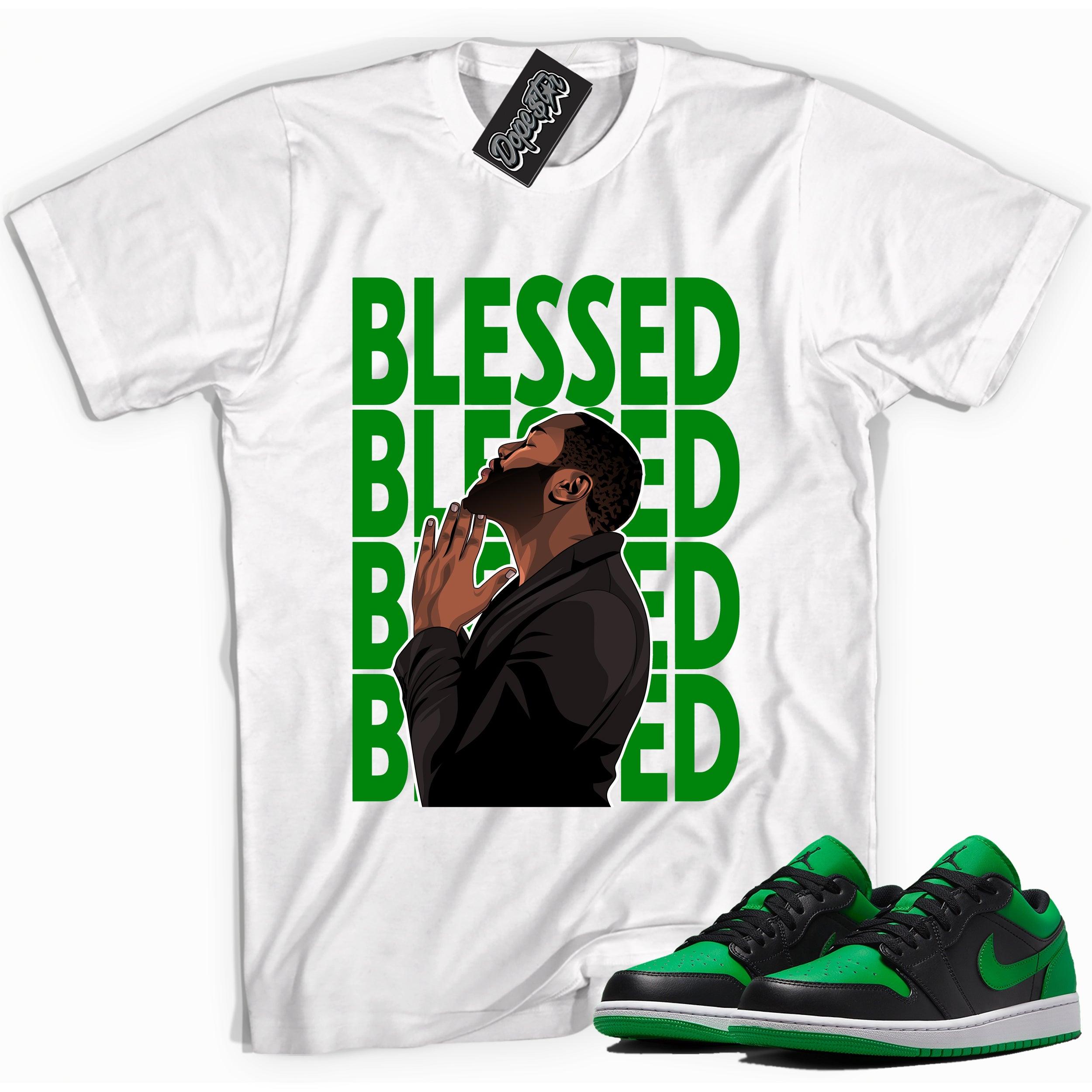 Cool white graphic tee with 'Blessed' print, that perfectly matches Air Jordan 1 Low Lucky Green sneakers